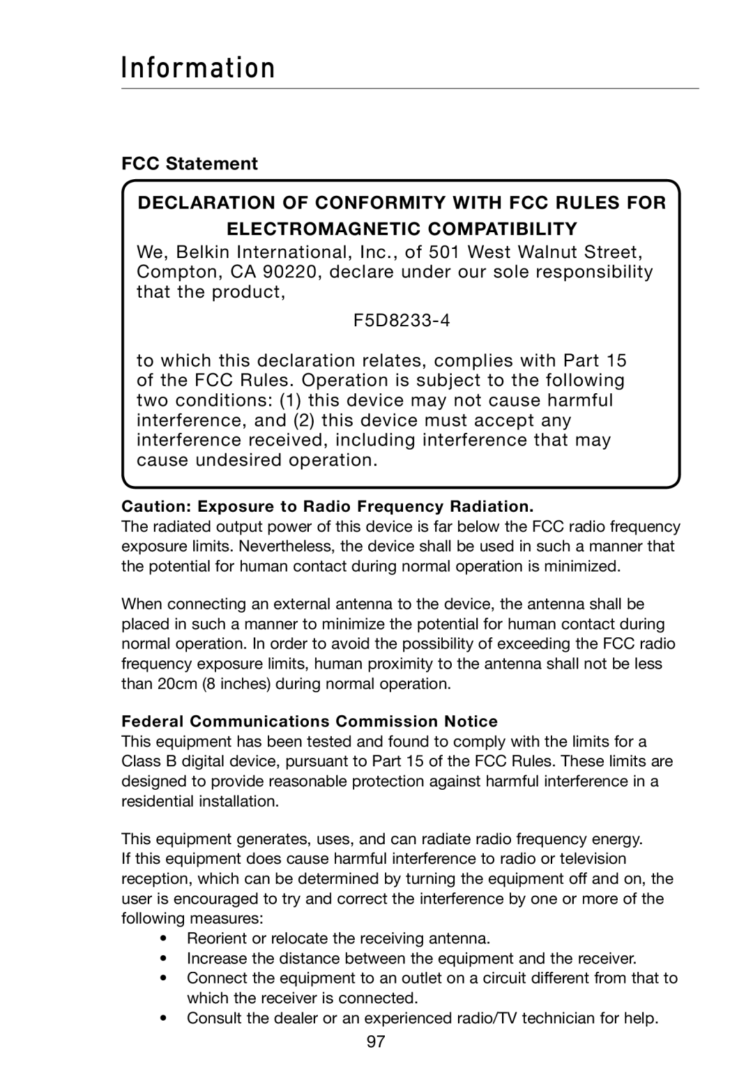 Belkin F5D8233-4 user manual Information, FCC Statement, Federal Communications Commission Notice 