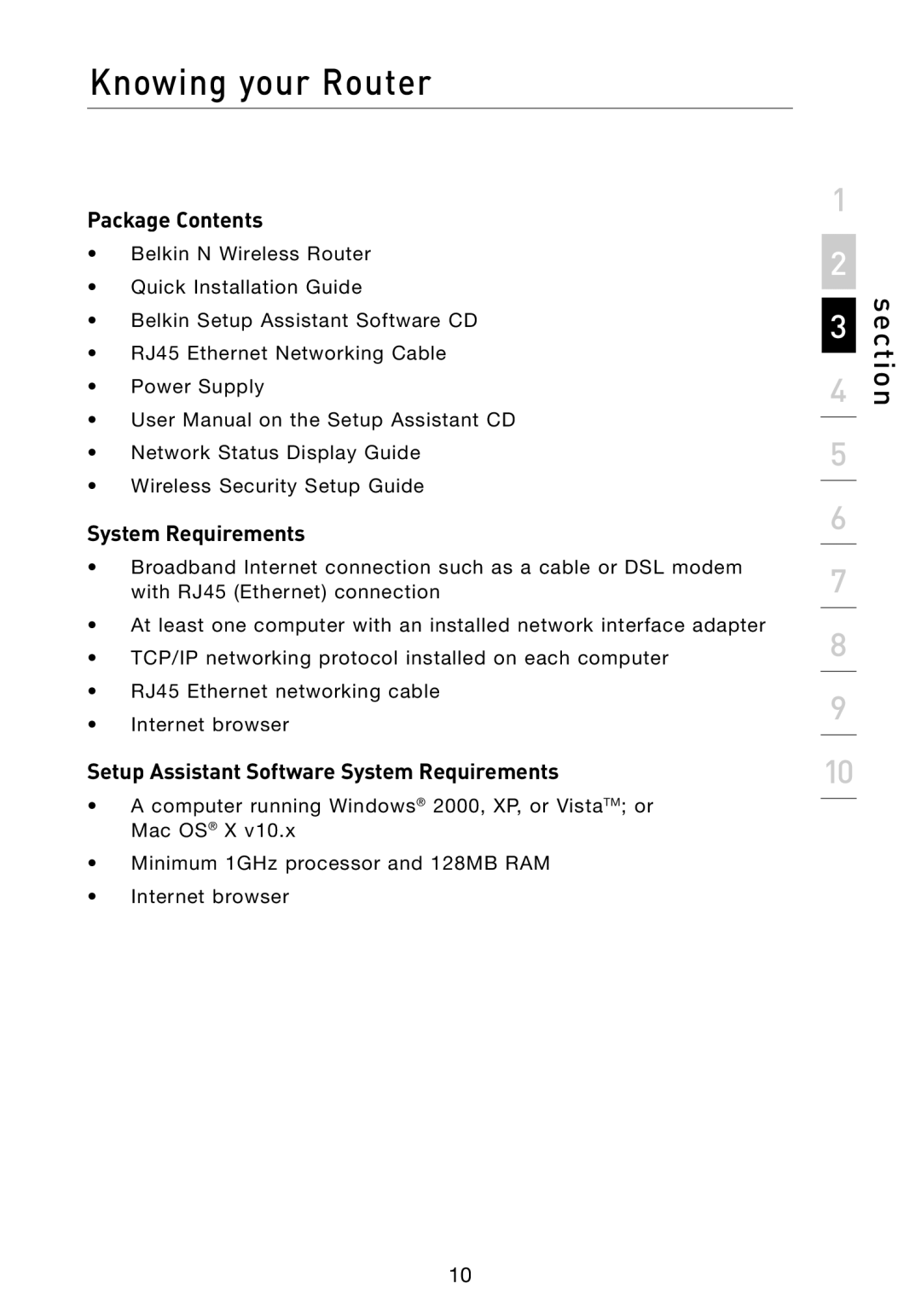 Belkin F5D8233-4 user manual Knowing your Router, Package Contents, Setup Assistant Software System Requirements 