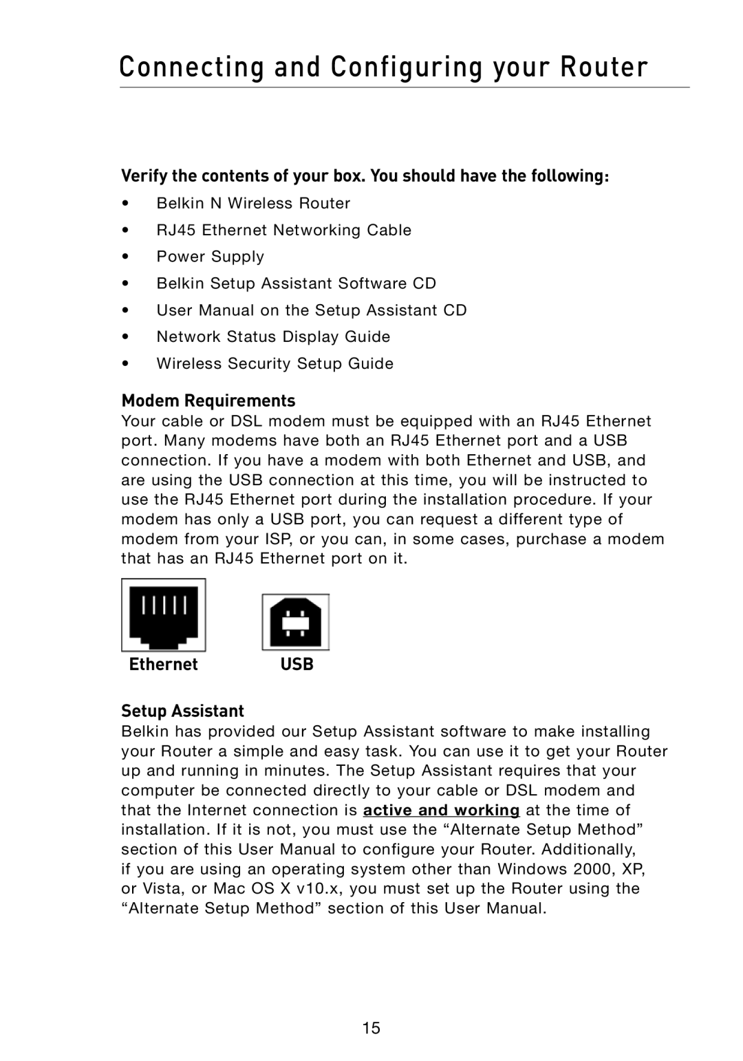 Belkin F5D8233-4 user manual Connecting and Configuring your Router, Modem Requirements, Ethernet USB Setup Assistant 