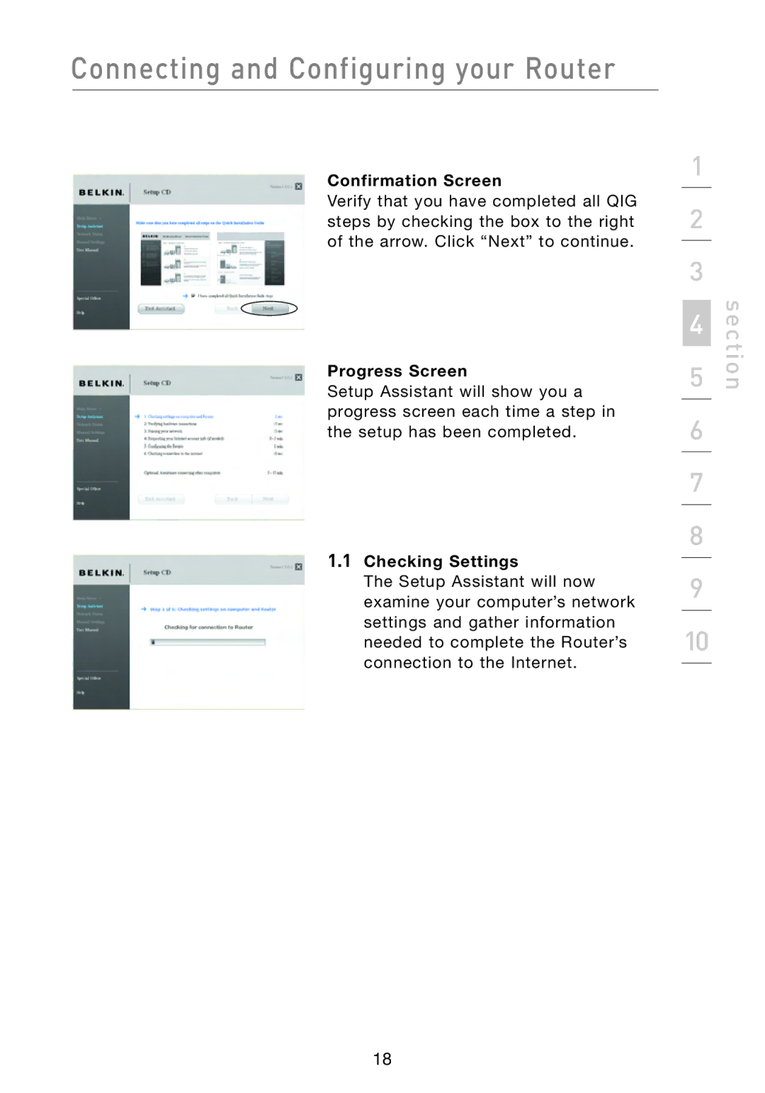 Belkin F5D8233-4 user manual Confirmation Screen, Progress Screen, Checking Settings 