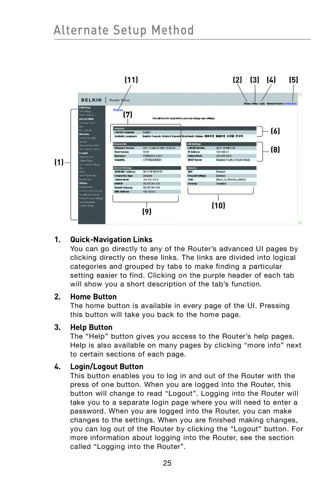 Belkin F5D8233-4 user manual Quick-Navigation Links, Home Button, Help Button, Login/Logout Button 