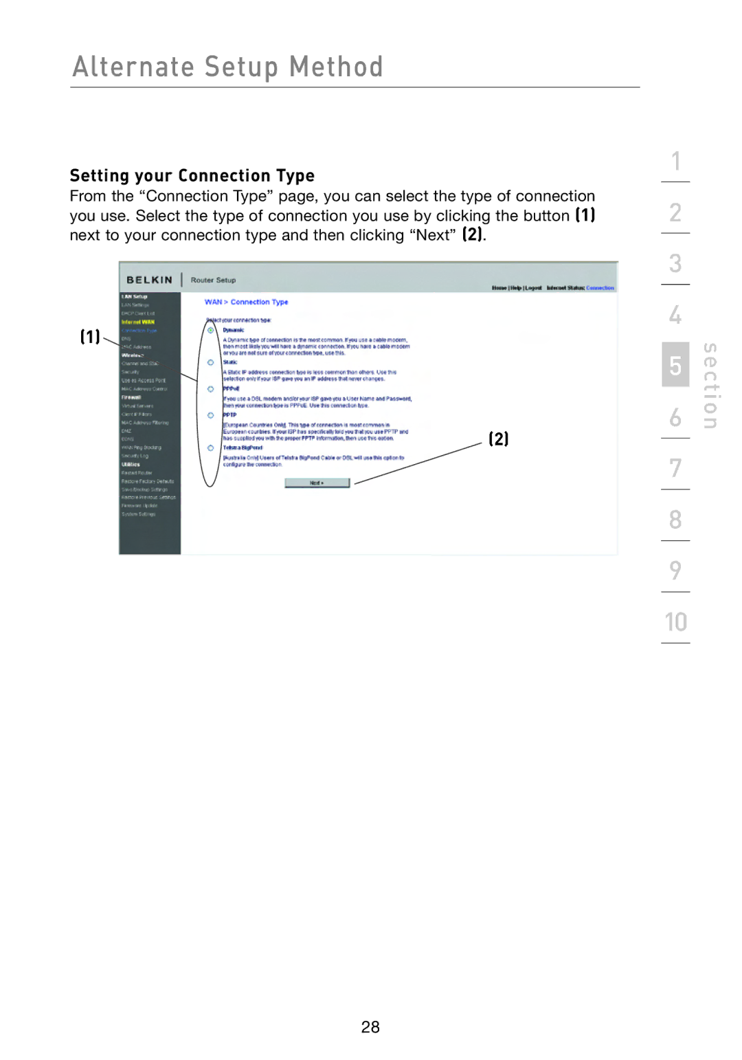 Belkin F5D8233-4 user manual Setting your Connection Type 