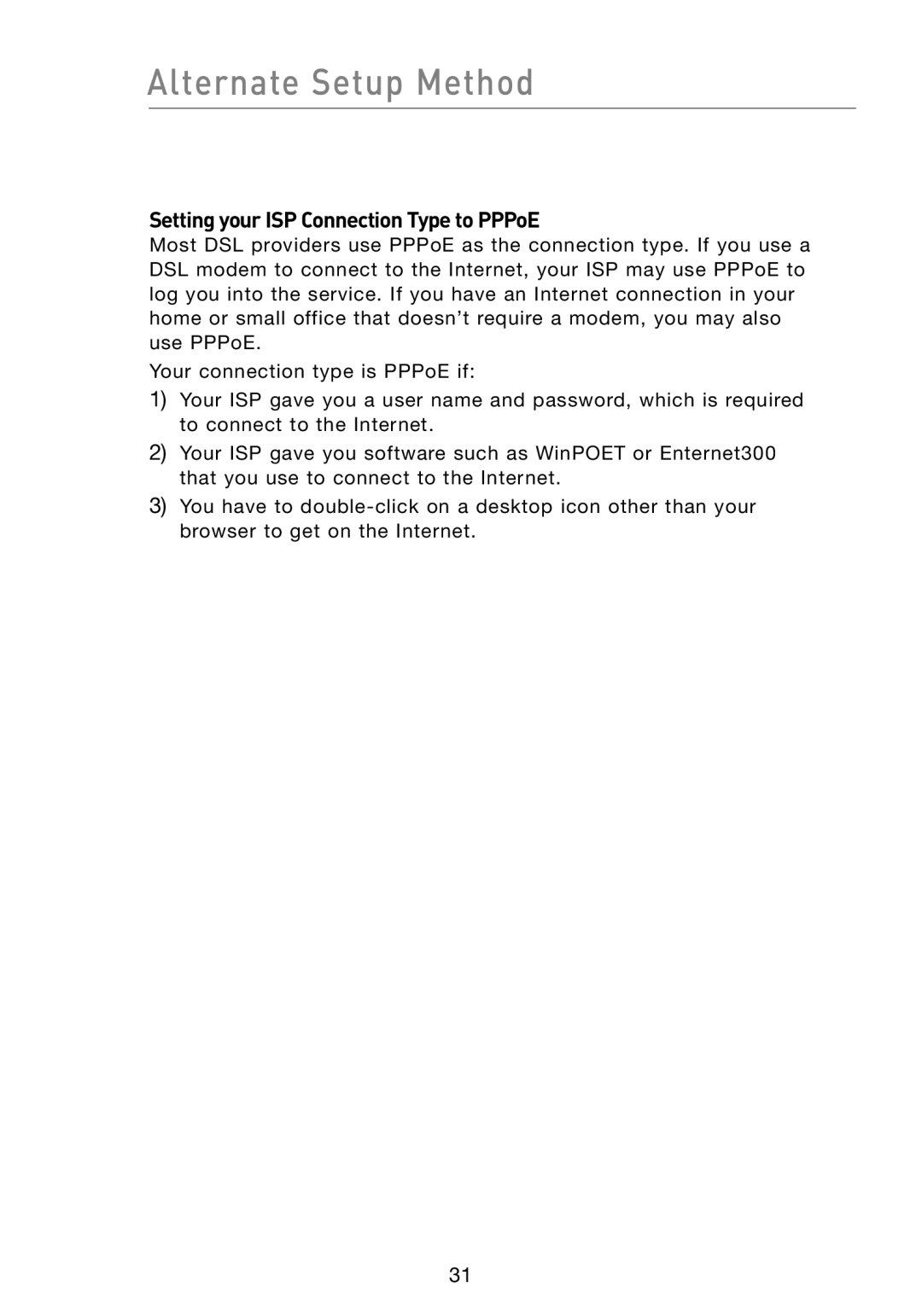 Belkin F5D8233-4 user manual Setting your ISP Connection Type to PPPoE 