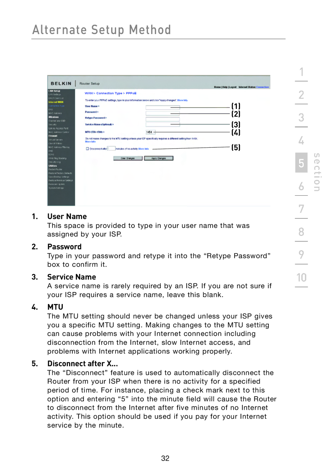 Belkin F5D8233-4 user manual User Name, Password, Service Name, Mtu, Disconnect after 