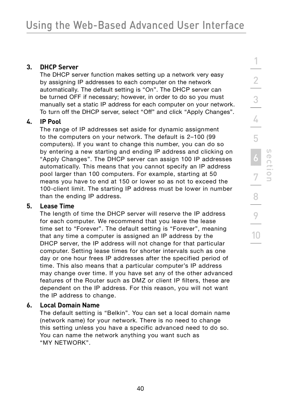 Belkin F5D8233-4 user manual Dhcp Server, IP Pool, Lease Time, Local Domain Name 