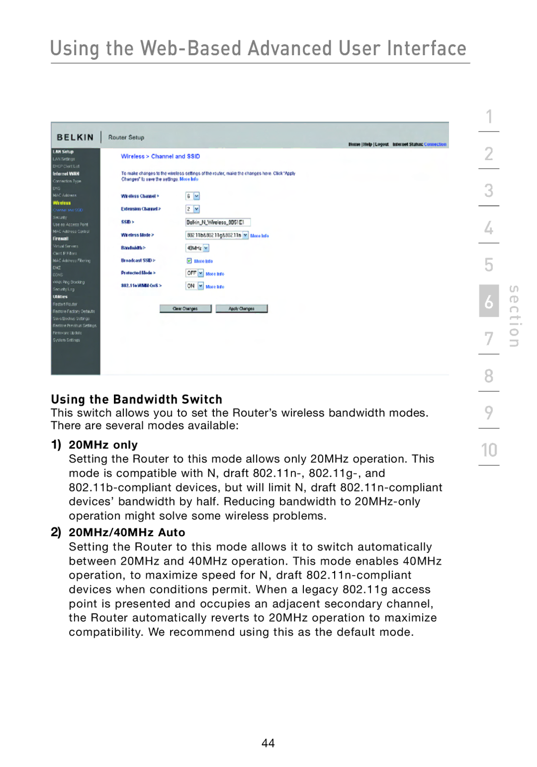 Belkin F5D8233-4 user manual Using the Bandwidth Switch, 20MHz only, 20MHz/40MHz Auto 