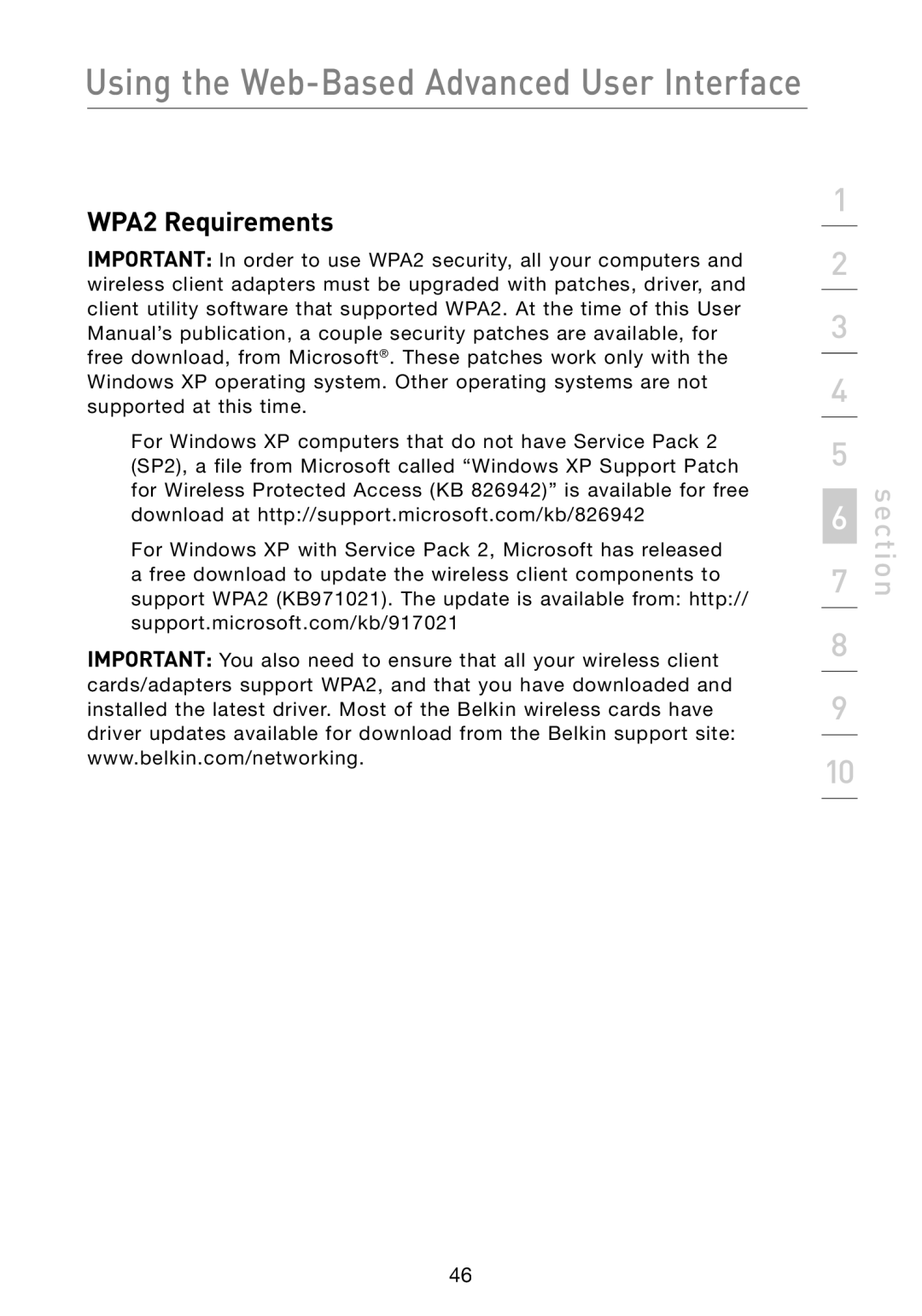 Belkin F5D8233-4 user manual WPA2 Requirements 