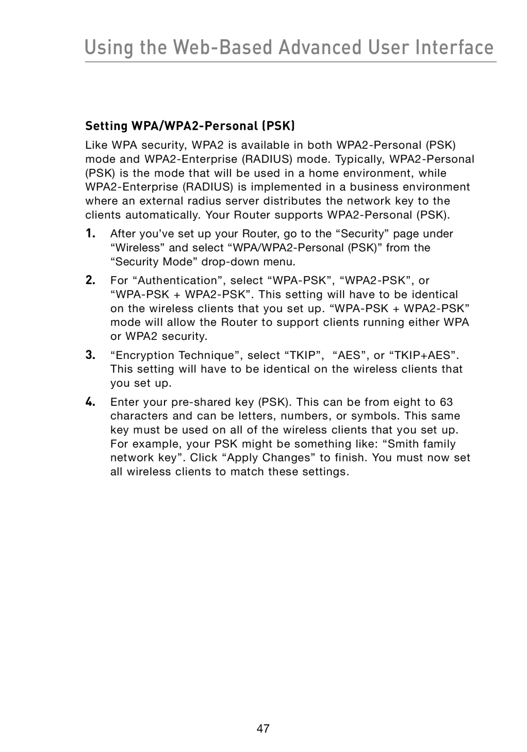 Belkin F5D8233-4 user manual Setting WPA/WPA2-Personal PSK 