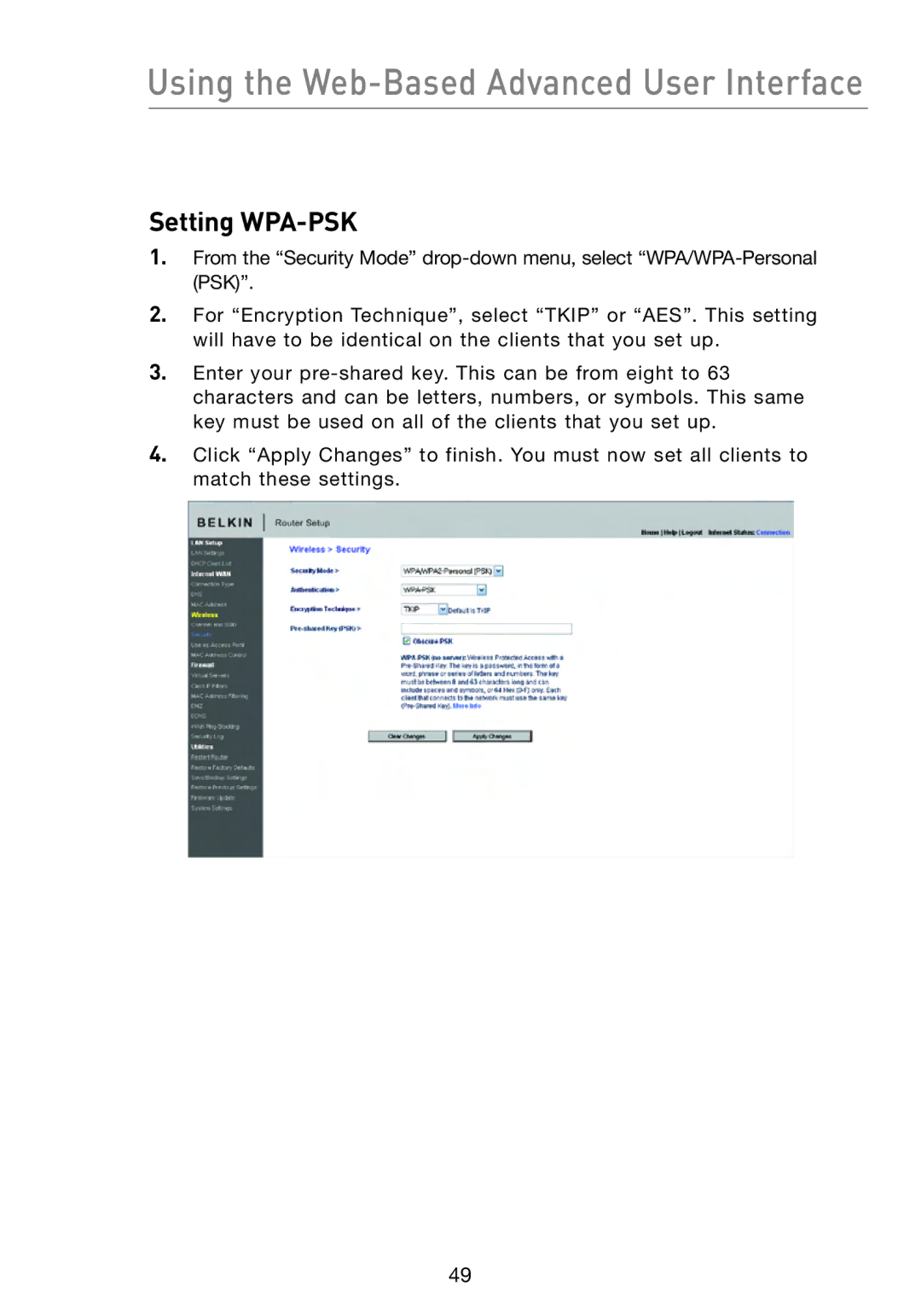 Belkin F5D8233-4 user manual Setting WPA-PSK 