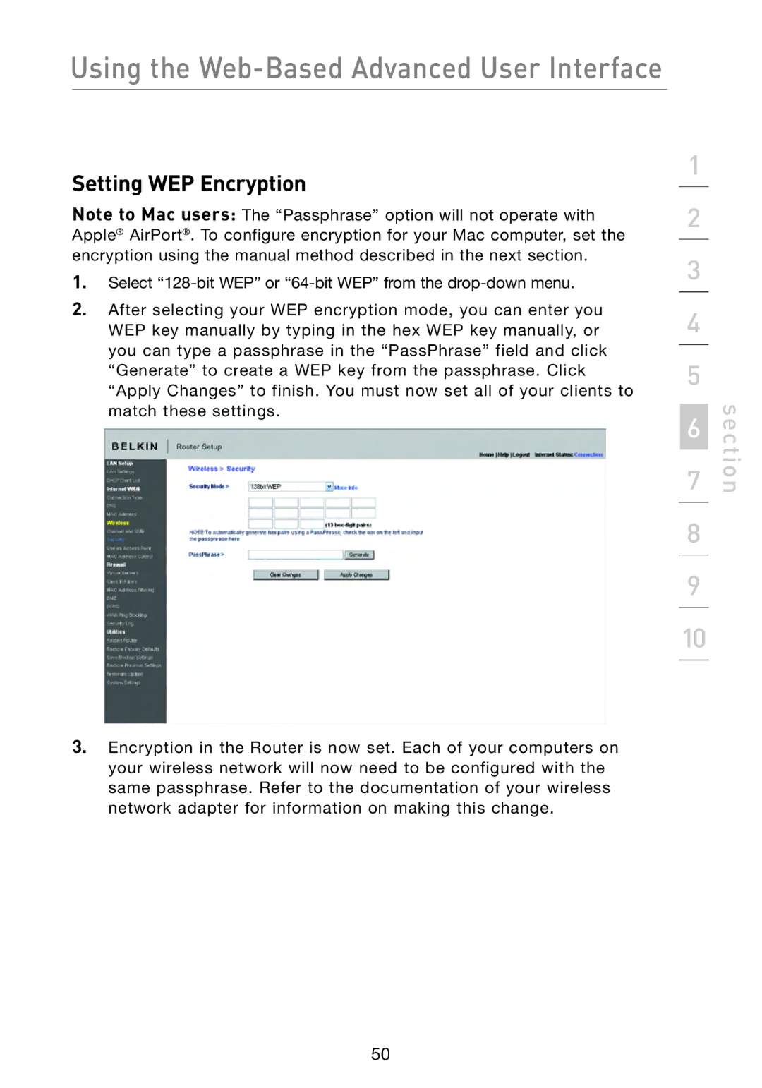 Belkin F5D8233-4 user manual Setting WEP Encryption 