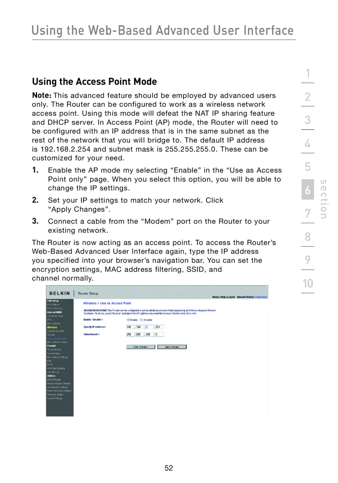 Belkin F5D8233-4 user manual Using the Access Point Mode 