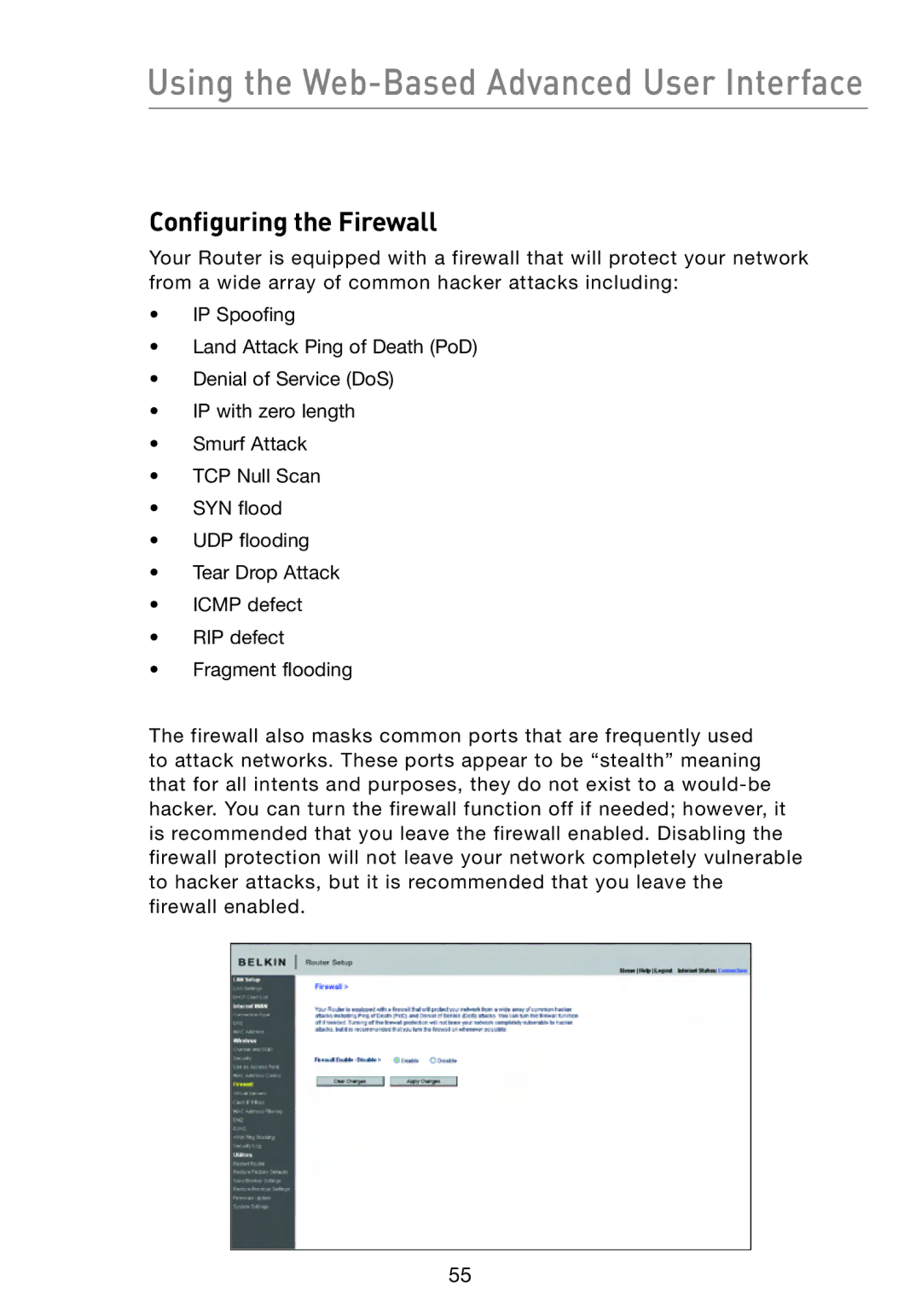 Belkin F5D8233-4 user manual Configuring the Firewall 