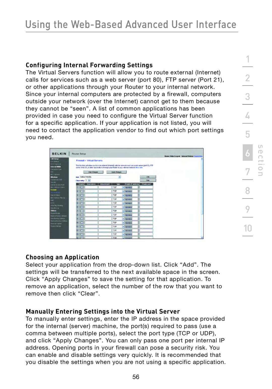 Belkin F5D8233-4 user manual Configuring Internal Forwarding Settings, Choosing an Application 