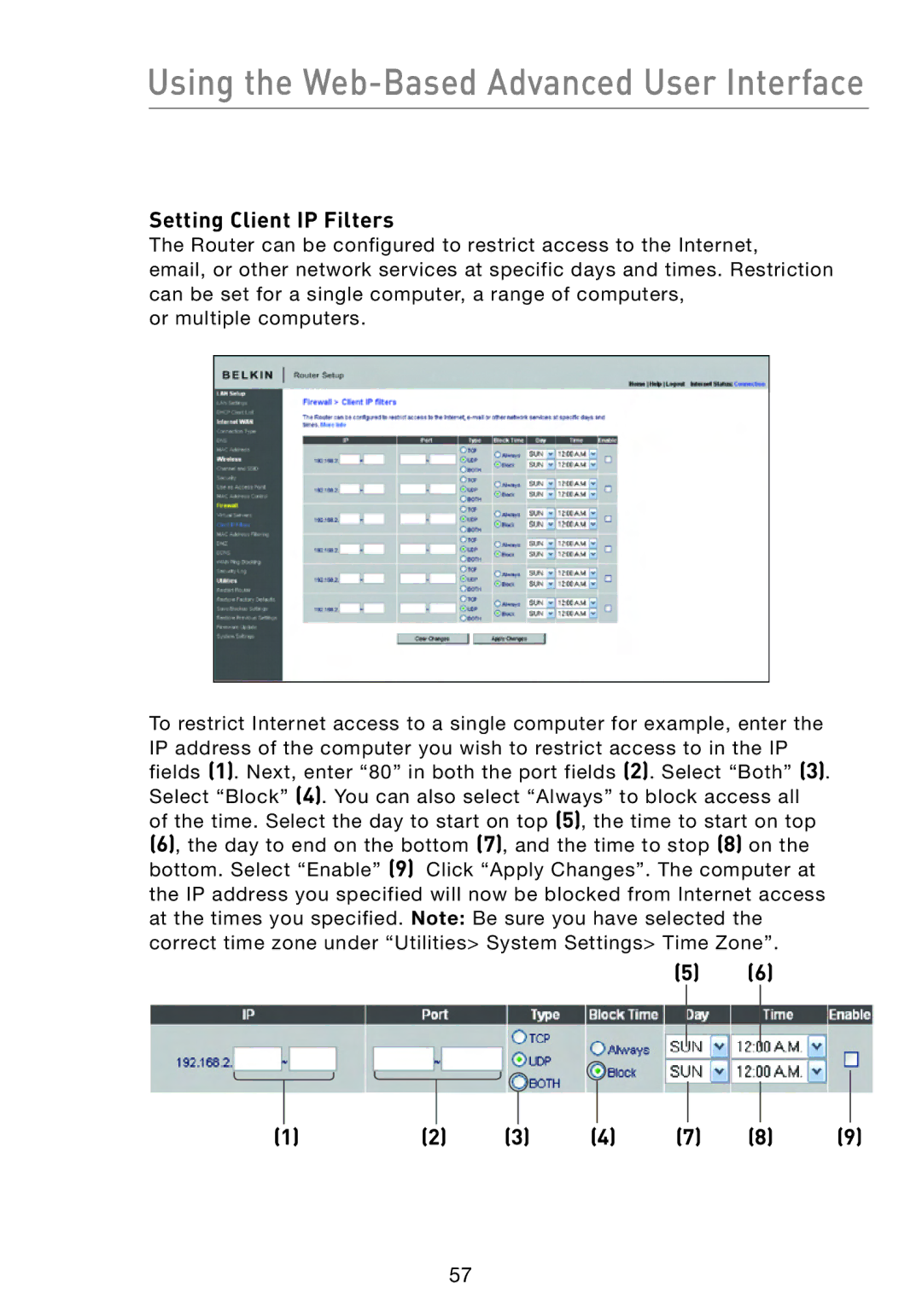 Belkin F5D8233-4 user manual Setting Client IP Filters 