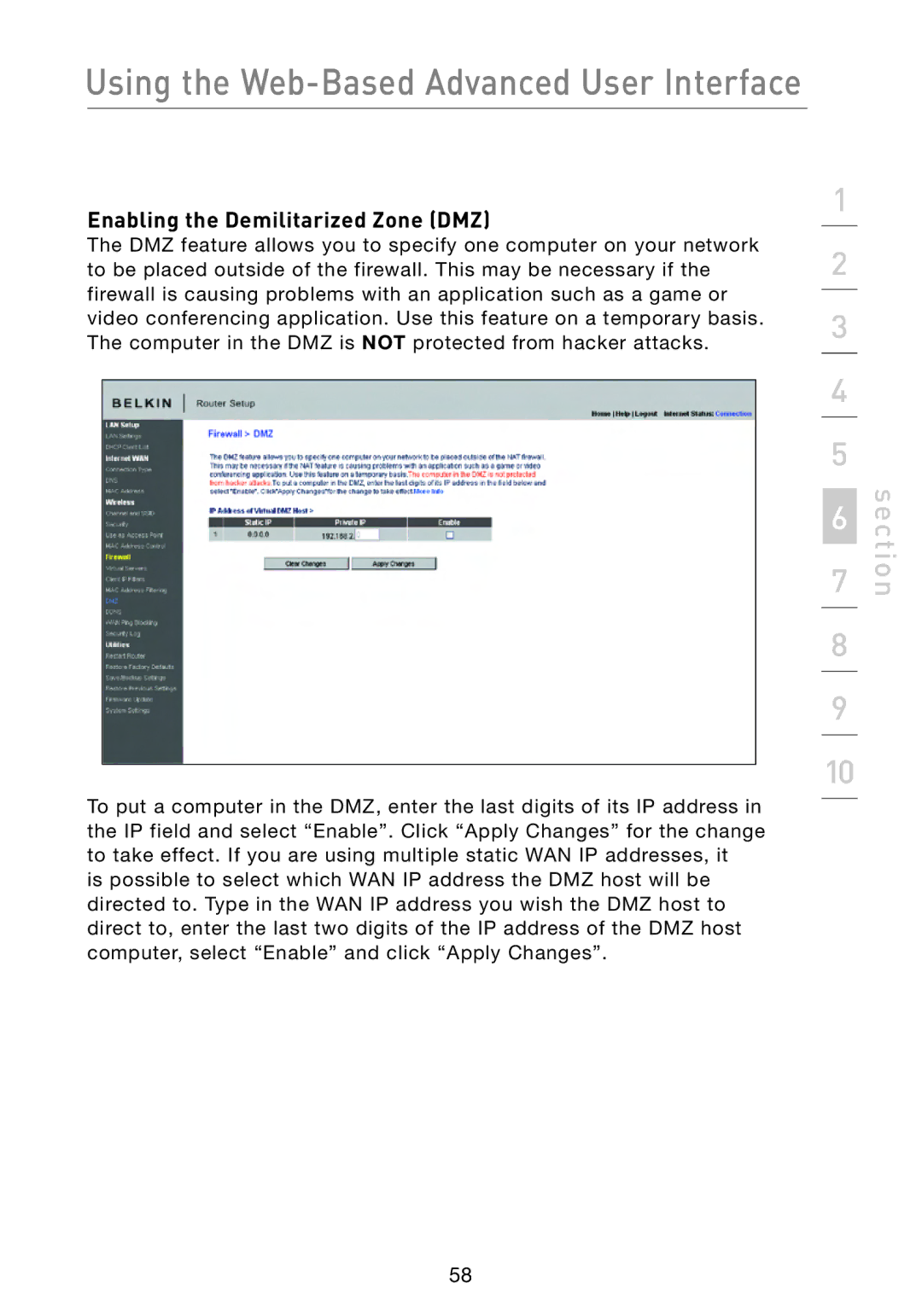 Belkin F5D8233-4 user manual Enabling the Demilitarized Zone DMZ 