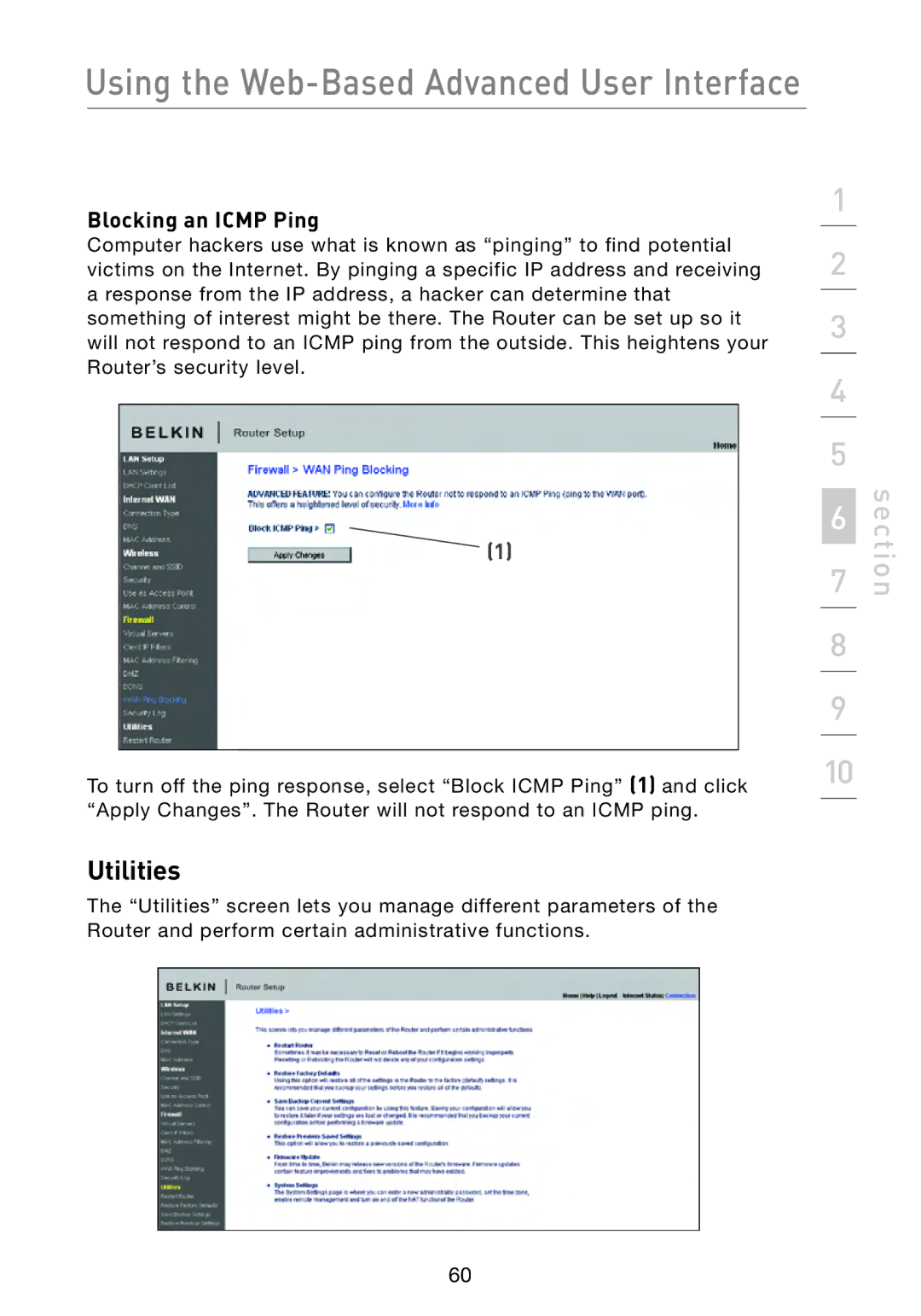 Belkin F5D8233-4 user manual Utilities, Blocking an Icmp Ping 