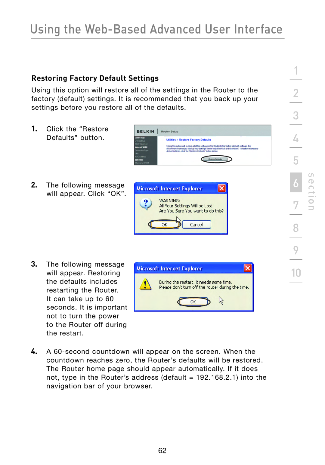 Belkin F5D8233-4 user manual Restoring Factory Default Settings 