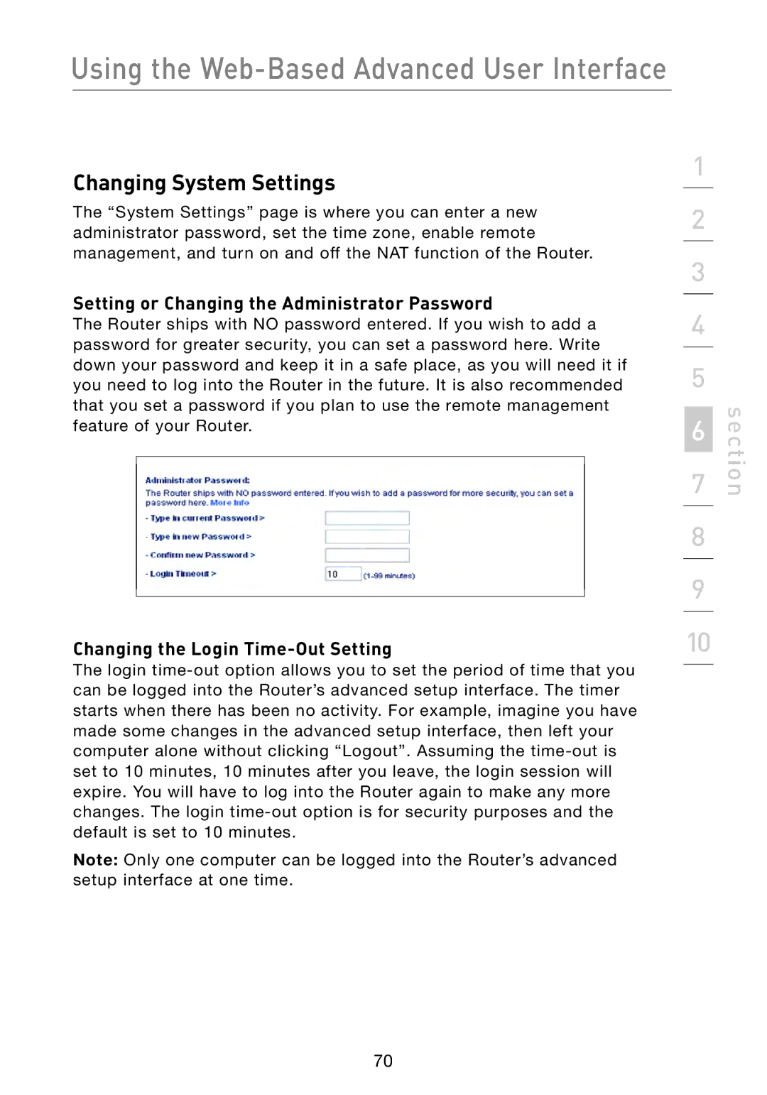 Belkin F5D8233-4 user manual Changing System Settings, Setting or Changing the Administrator Password 