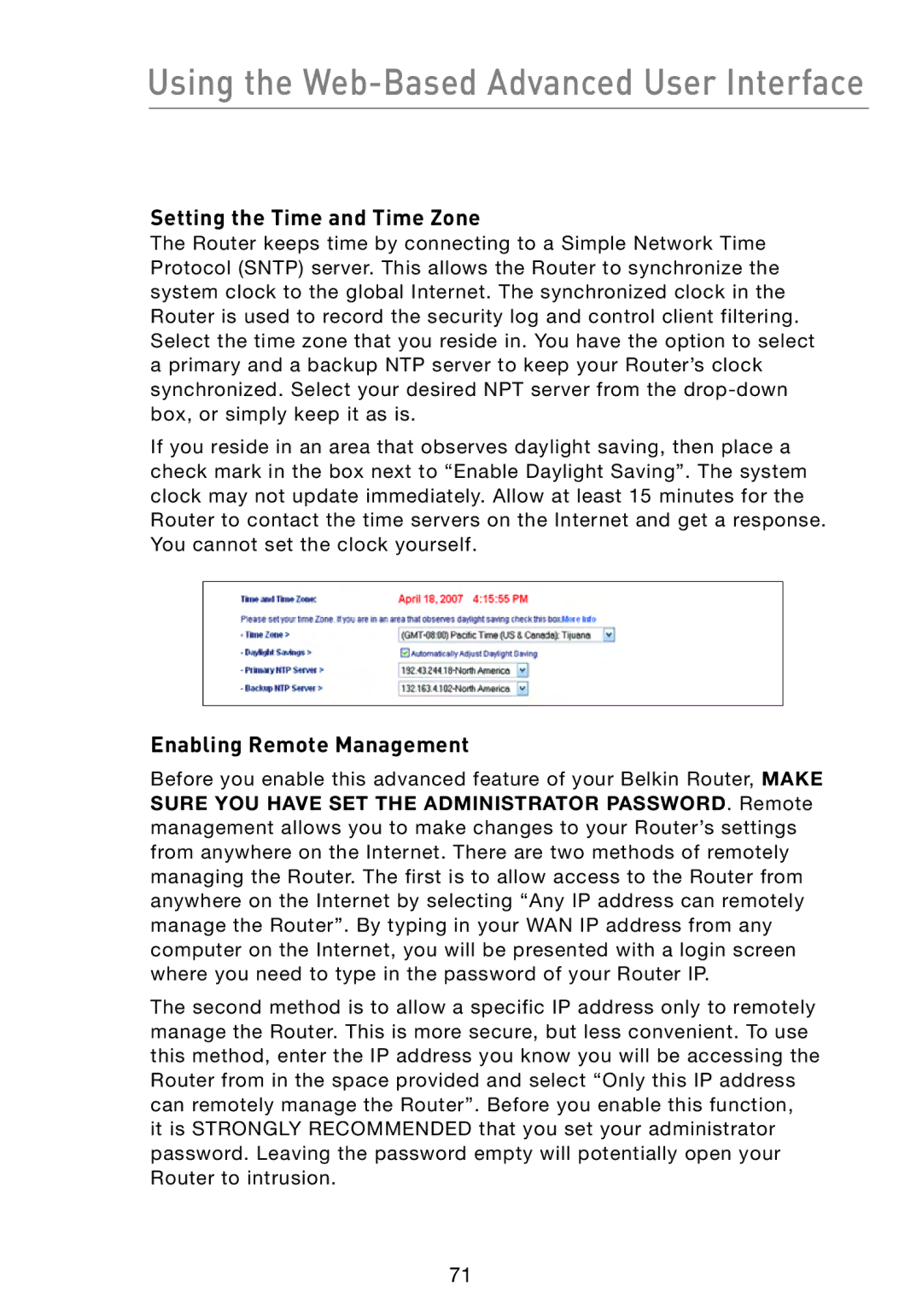 Belkin F5D8233-4 user manual Setting the Time and Time Zone, Enabling Remote Management 