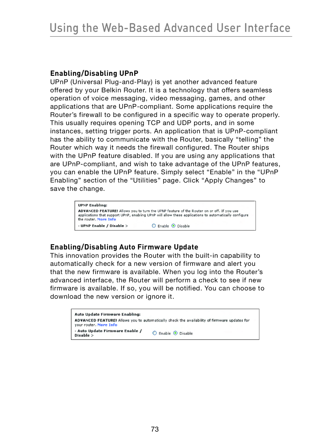 Belkin F5D8233-4 user manual Enabling/Disabling UPnP, Enabling/Disabling Auto Firmware Update 