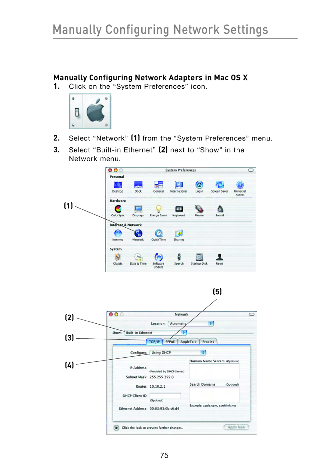 Belkin F5D8233-4 user manual Manually Configuring Network Settings, Manually Configuring Network Adapters in Mac OS 