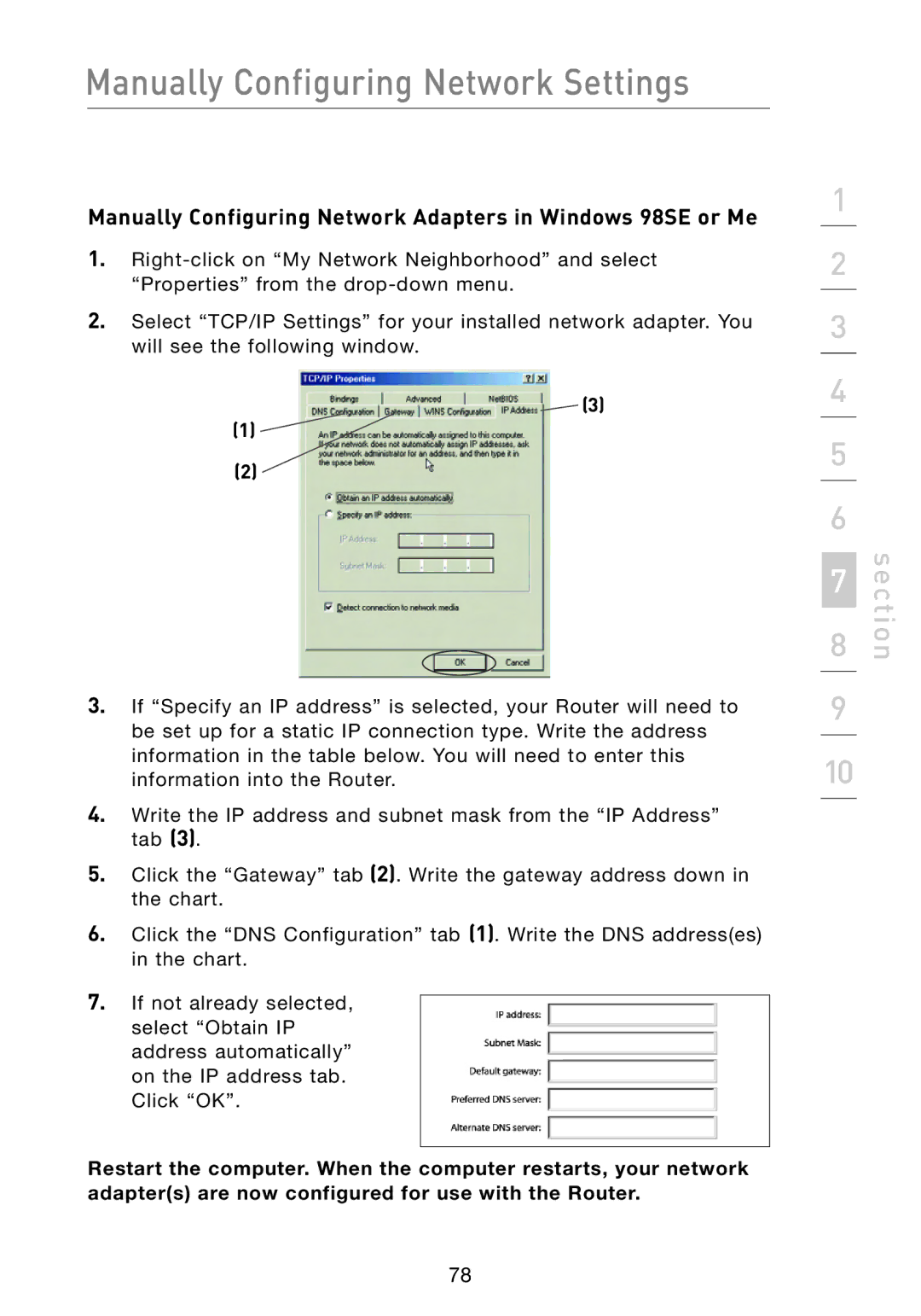 Belkin F5D8233-4 user manual Manually Configuring Network Adapters in Windows 98SE or Me 