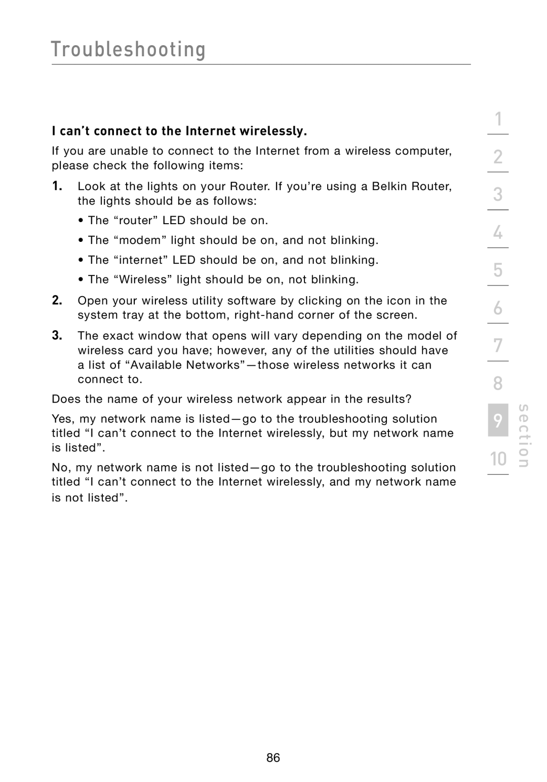 Belkin F5D8233-4 user manual Can’t connect to the Internet wirelessly 