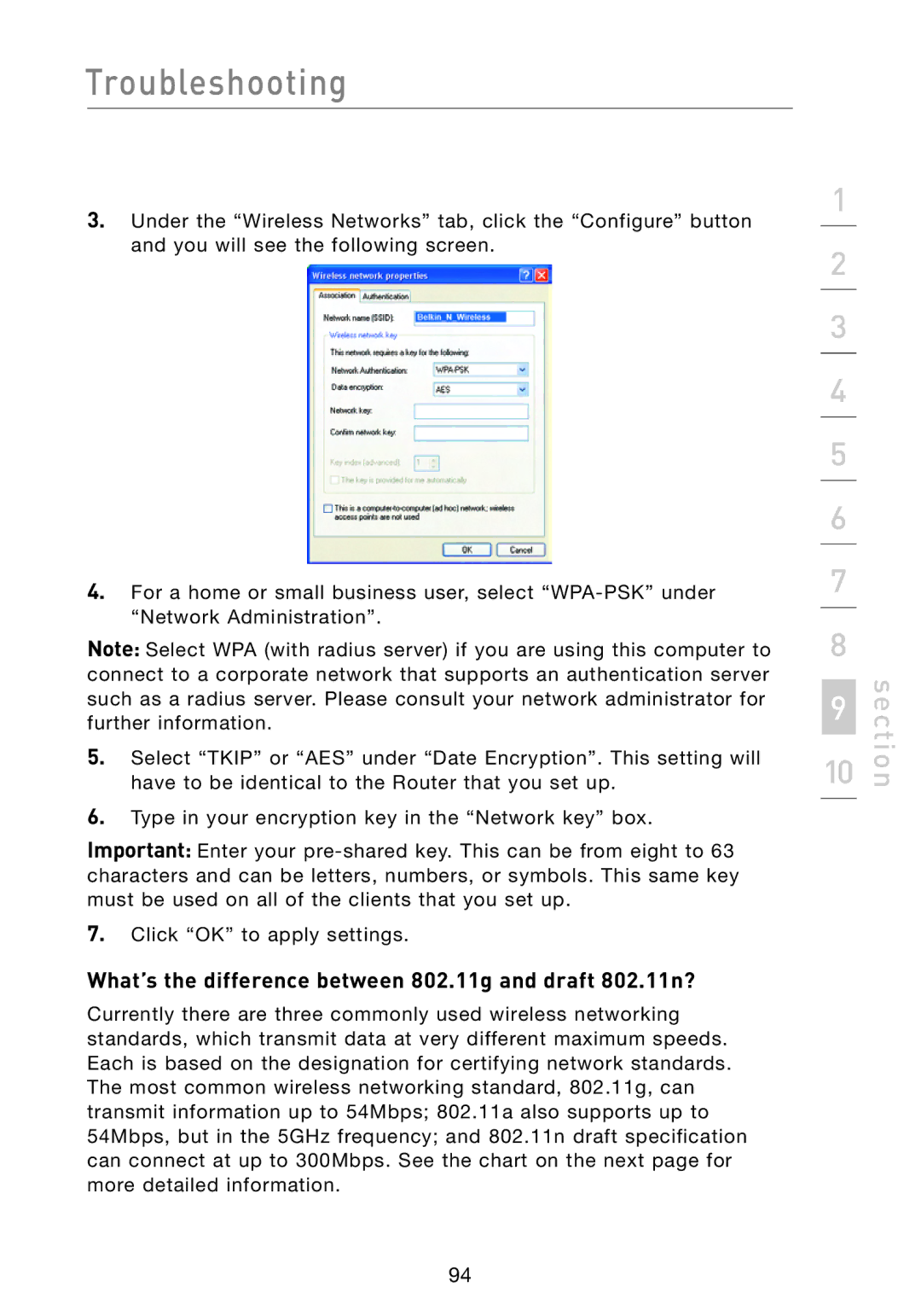 Belkin F5D8233-4 user manual What’s the difference between 802.11g and draft 802.11n? 