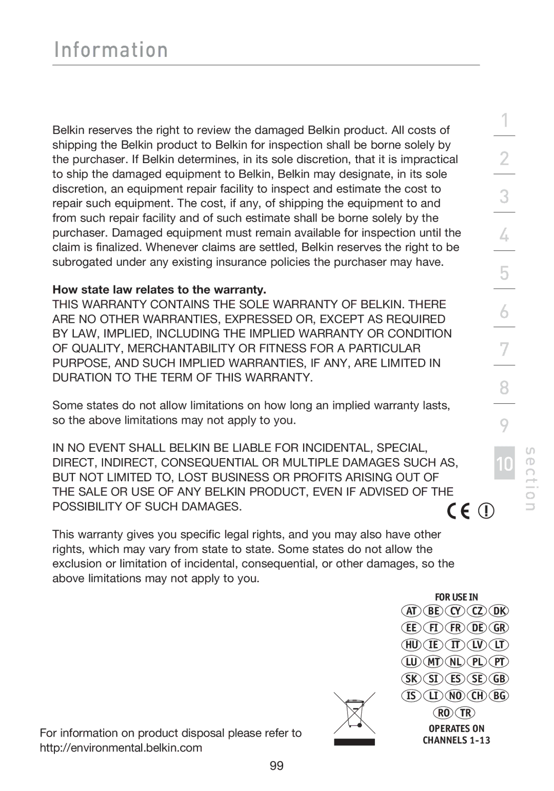 Belkin F5D8233EA4 user manual How state law relates to the warranty 