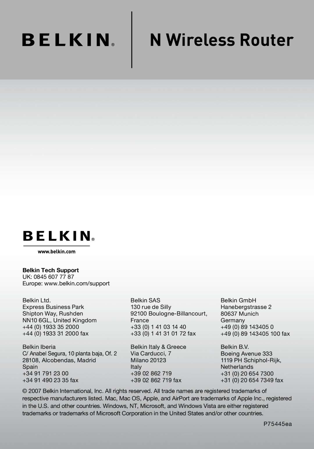 Belkin F5D8233EA4 user manual Belkin Tech Support 