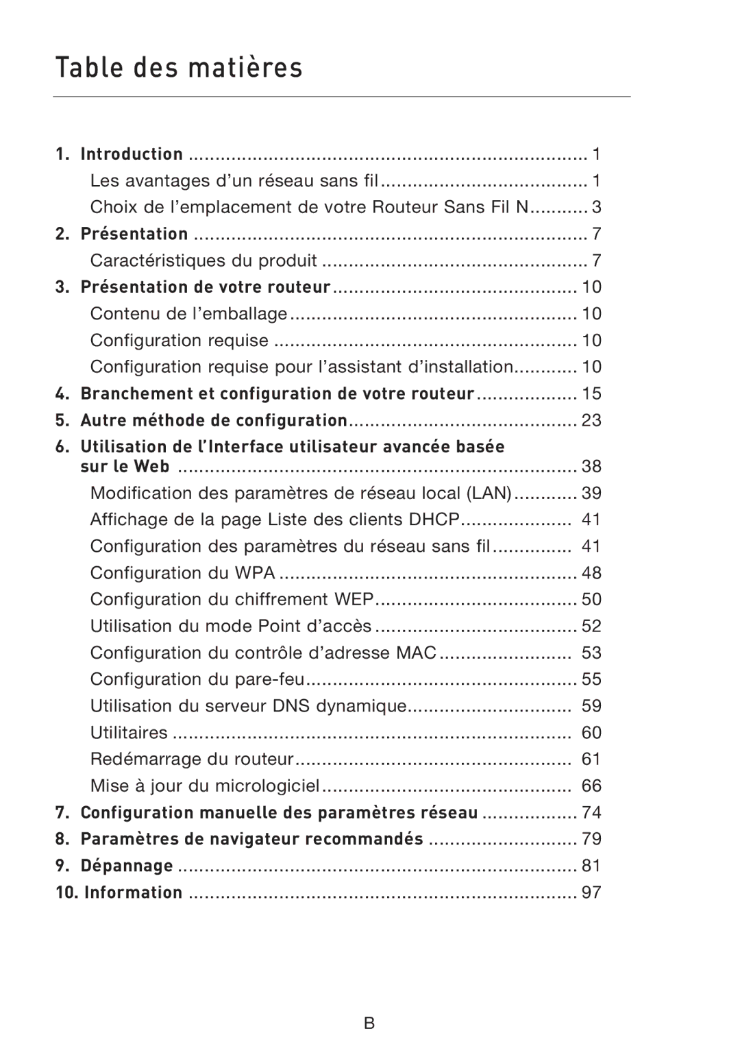 Belkin F5D8233EA4 user manual Table des matières, Branchement et configuration de votre routeur 