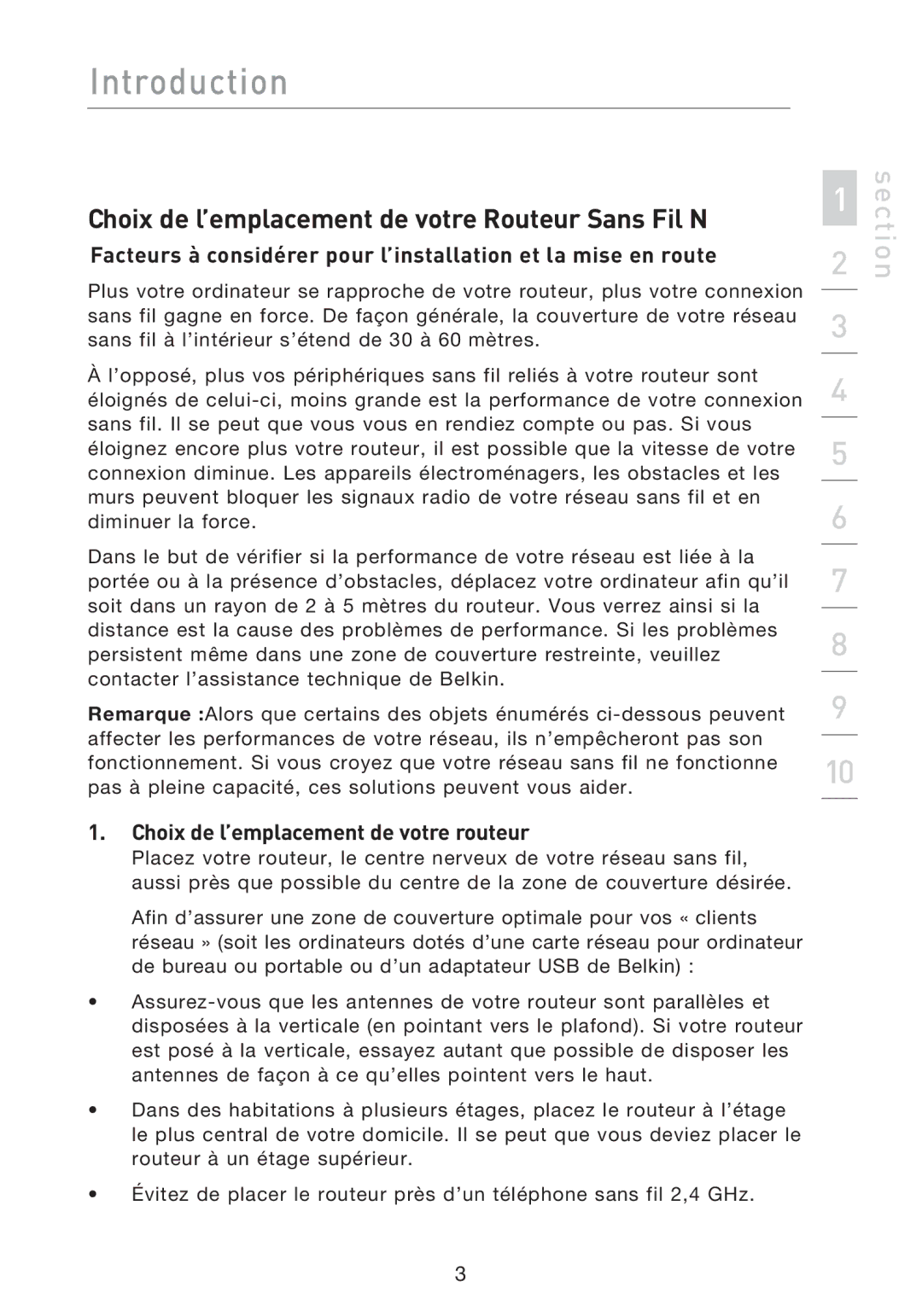 Belkin F5D8233EA4 user manual Choix de l’emplacement de votre Routeur Sans Fil N, Choix de l’emplacement de votre routeur 