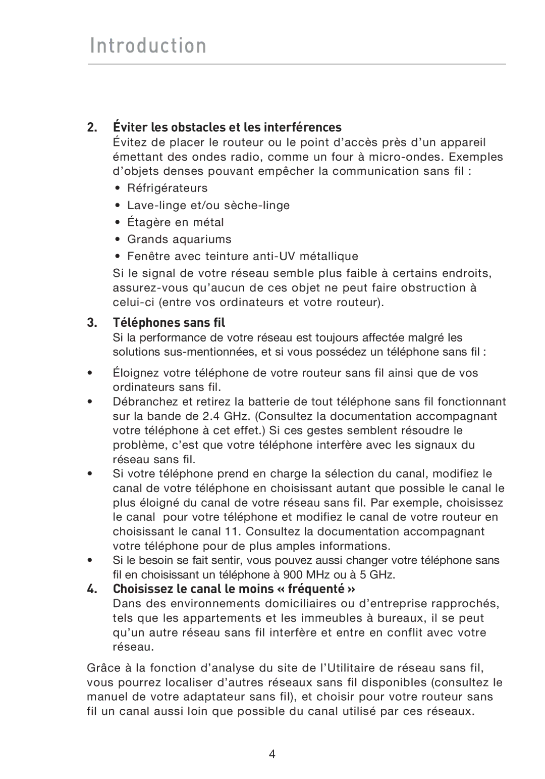 Belkin F5D8233EA4 user manual Éviter les obstacles et les interférences, Téléphones sans fil 