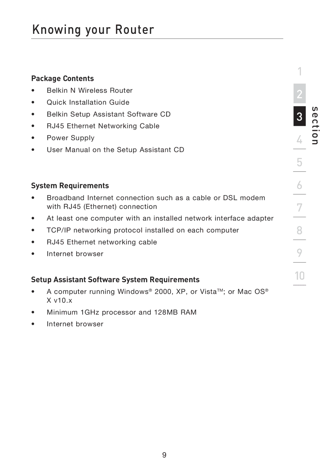 Belkin F5D8233EA4 user manual Knowing your Router, Package Contents, Setup Assistant Software System Requirements 