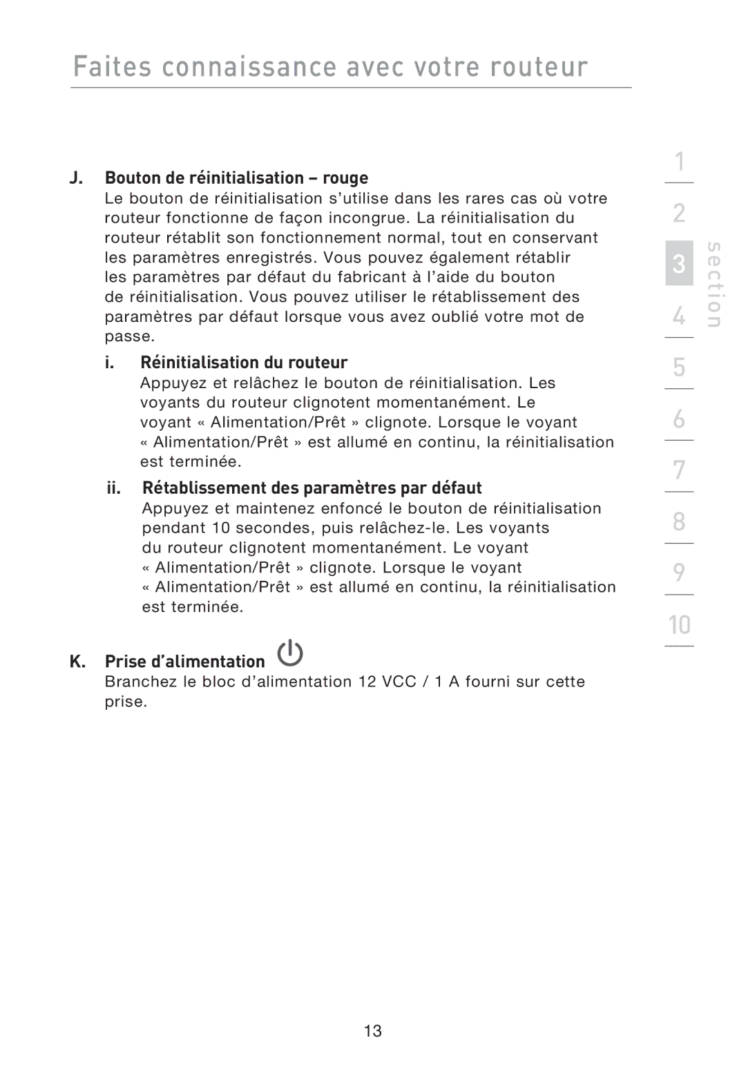 Belkin F5D8233EA4 user manual Bouton de réinitialisation rouge, Réinitialisation du routeur, Prise d’alimentation 