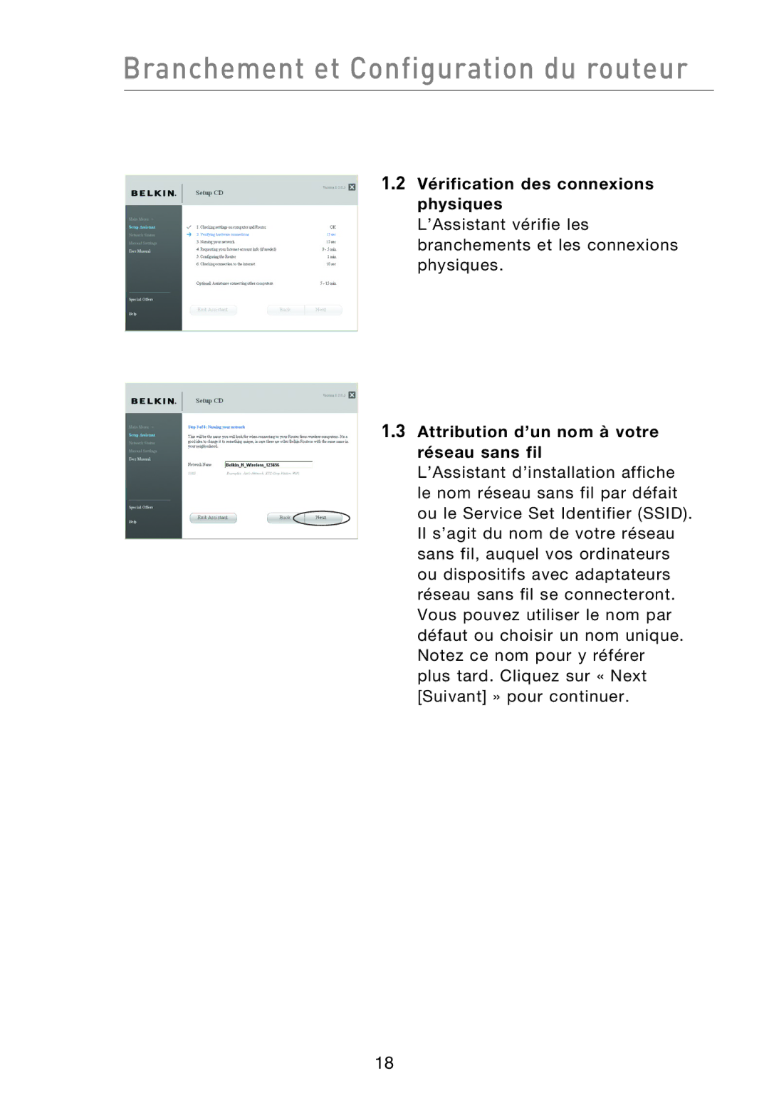 Belkin F5D8233EA4 user manual Vérification des connexions physiques, Attribution d’un nom à votre réseau sans fil 