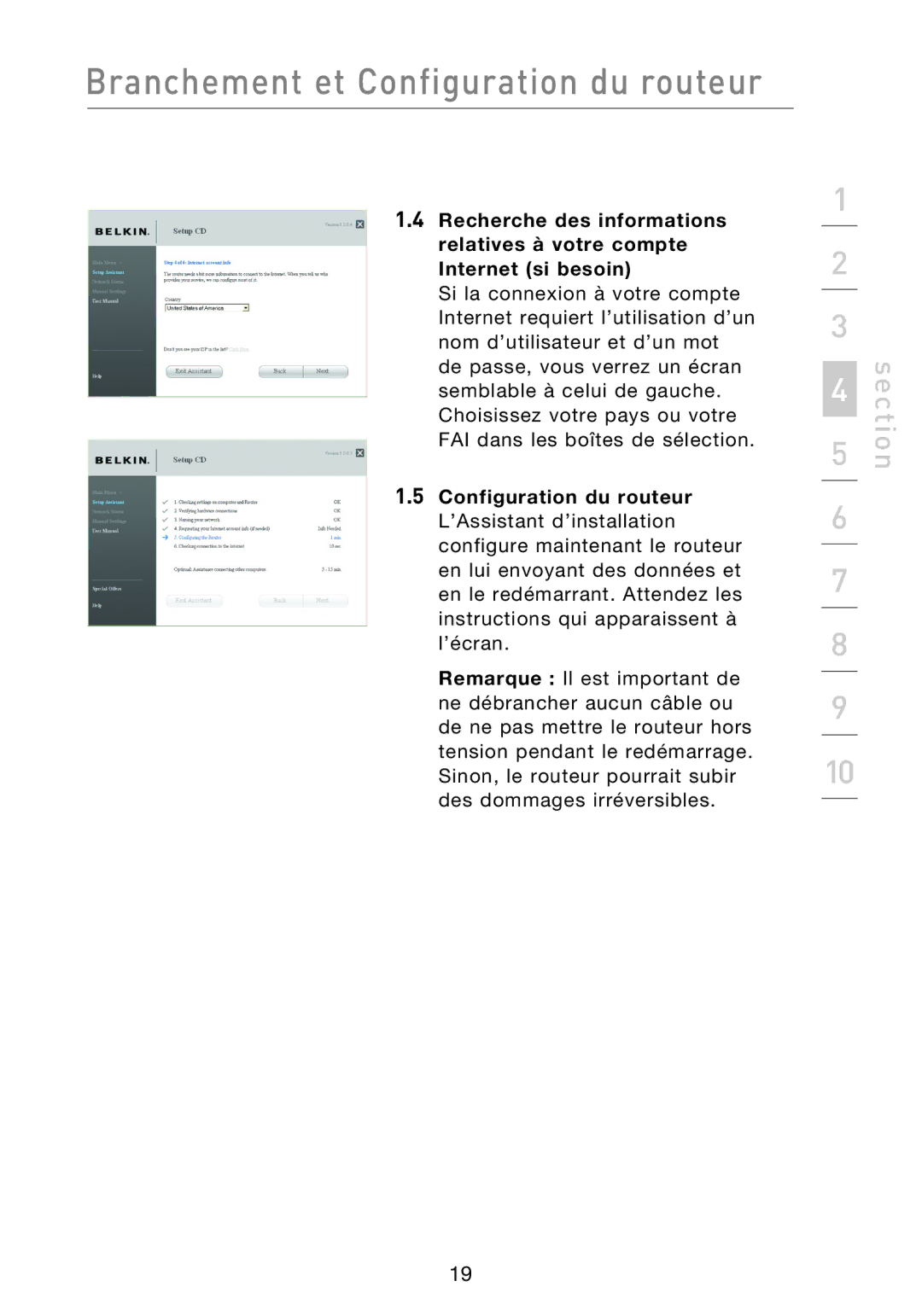 Belkin F5D8233EA4 user manual Branchement et Configuration du routeur 