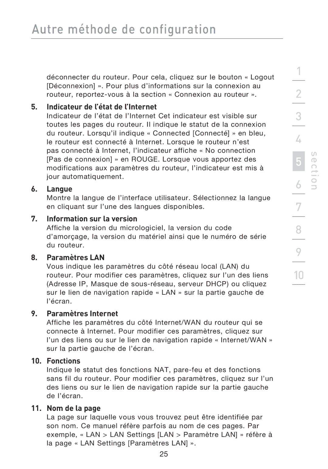 Belkin F5D8233EA4 Indicateur de l’état de l’Internet, Langue, Information sur la version, Paramètres LAN, Fonctions 