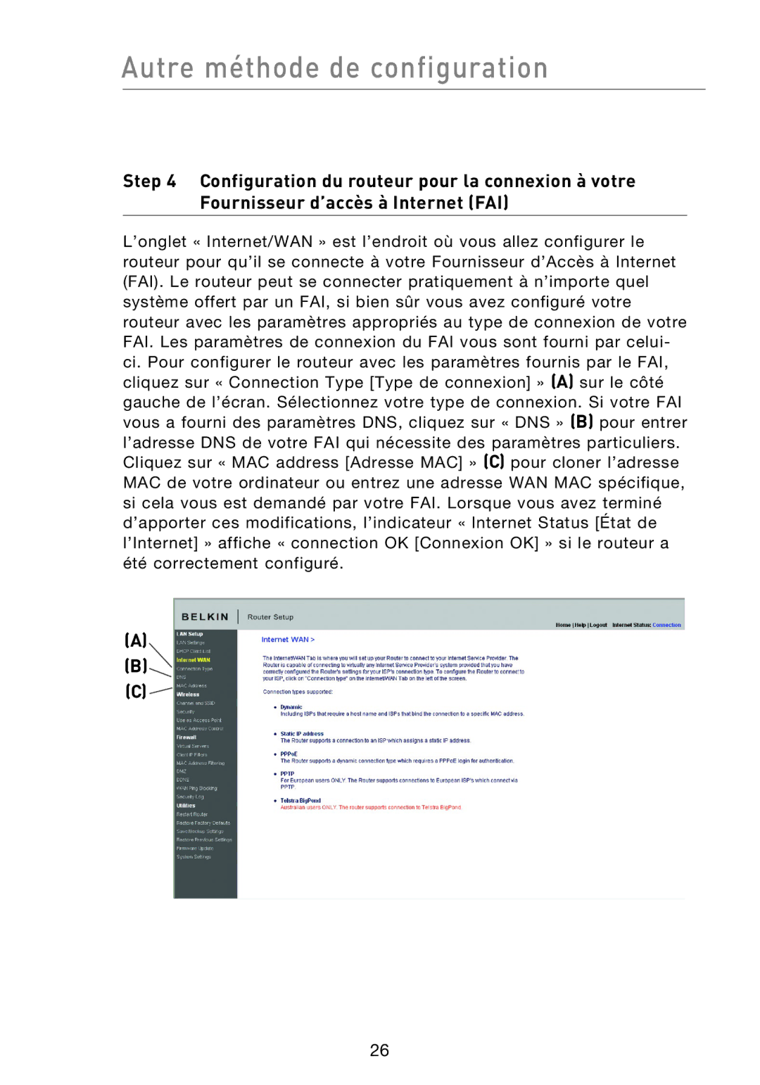 Belkin F5D8233EA4 user manual Autre méthode de configuration 