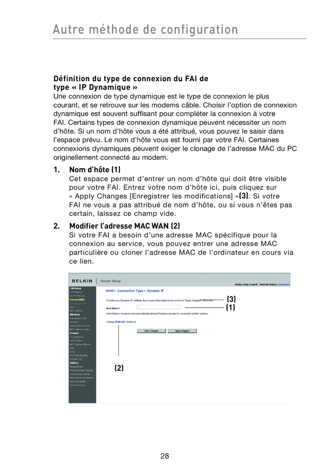 Belkin F5D8233EA4 user manual Nom d’hôte, Modifier l’adresse MAC WAN 