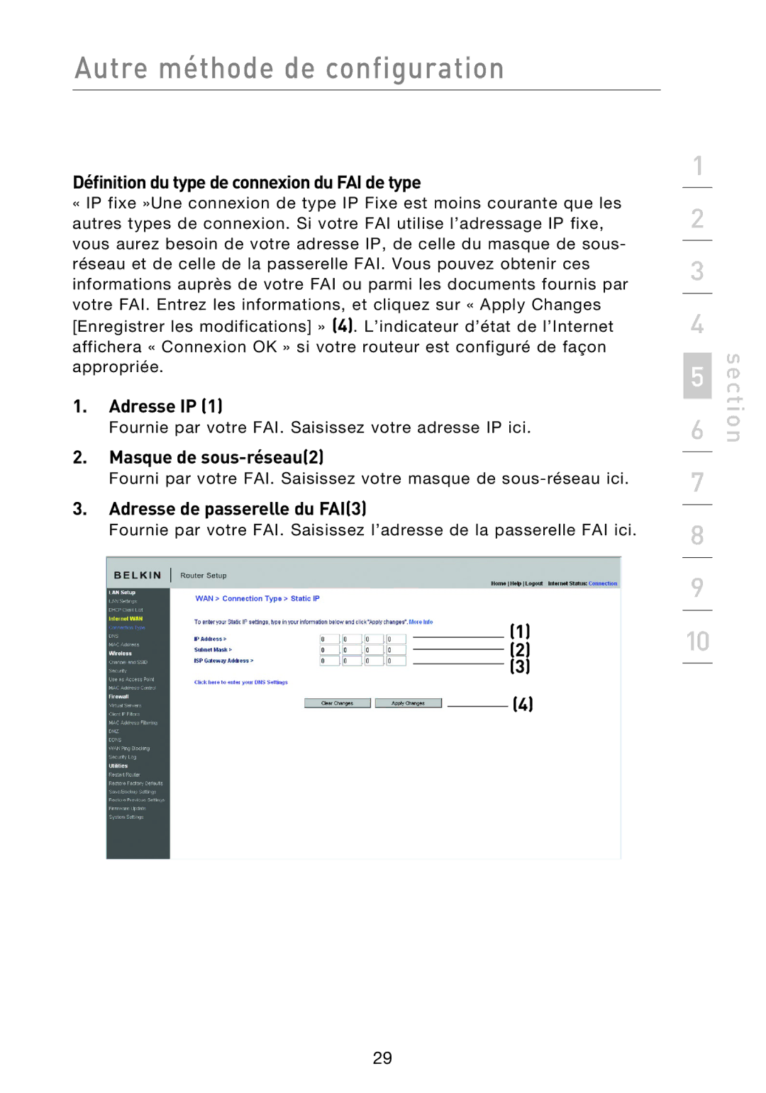 Belkin F5D8233EA4 user manual Définition du type de connexion du FAI de type, Adresse IP, Masque de sous-réseau2 