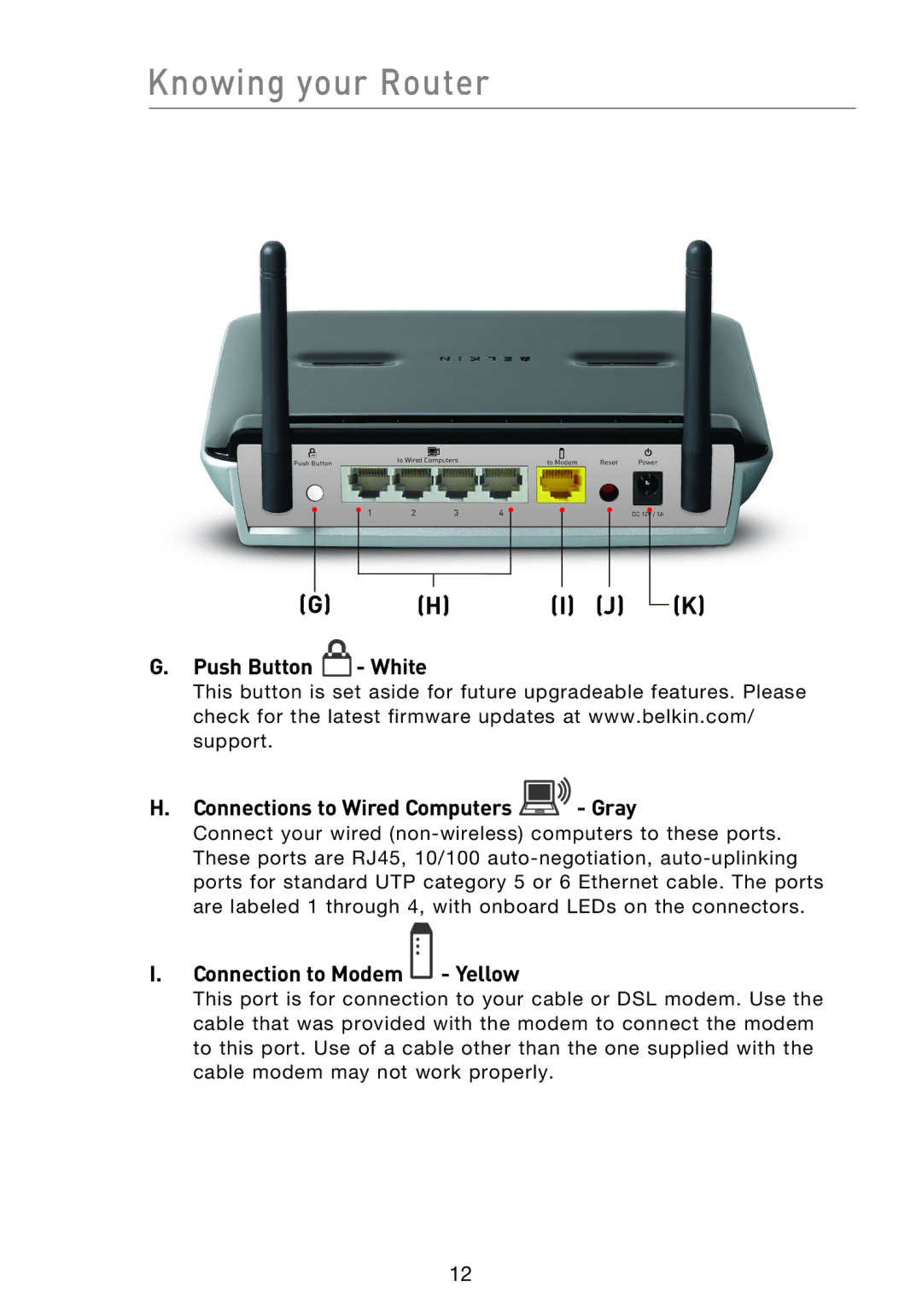 Belkin F5D8233EA4 user manual Push Button White Connections to Wired Computers Gray, Connection to Modem Yellow 