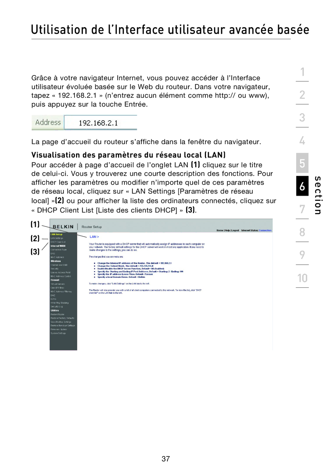 Belkin F5D8233EA4 Utilisation de l’Interface utilisateur avancée basée, Visualisation des paramètres du réseau local LAN 