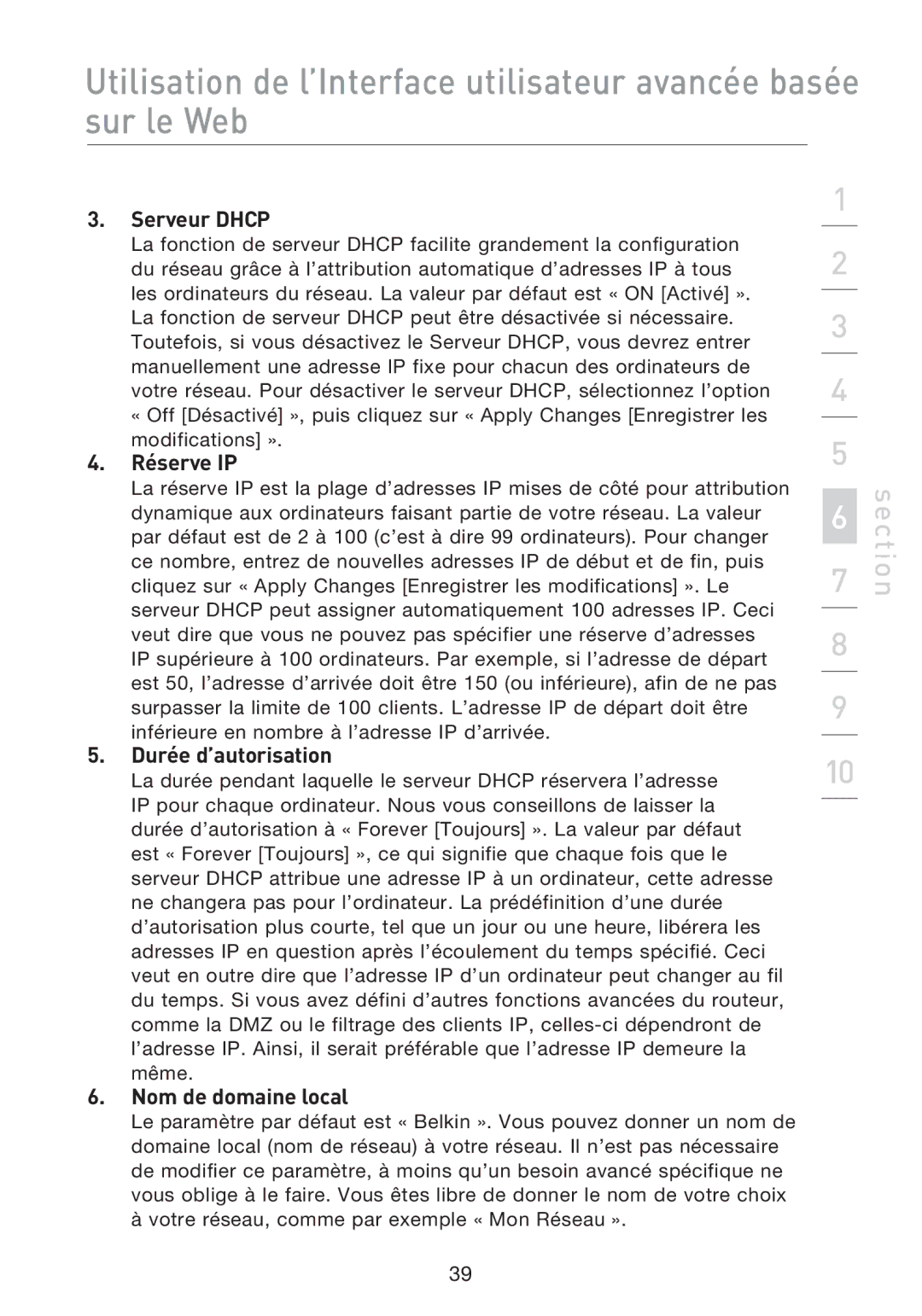 Belkin F5D8233EA4 user manual Serveur Dhcp, Réserve IP, Durée d’autorisation, Nom de domaine local 