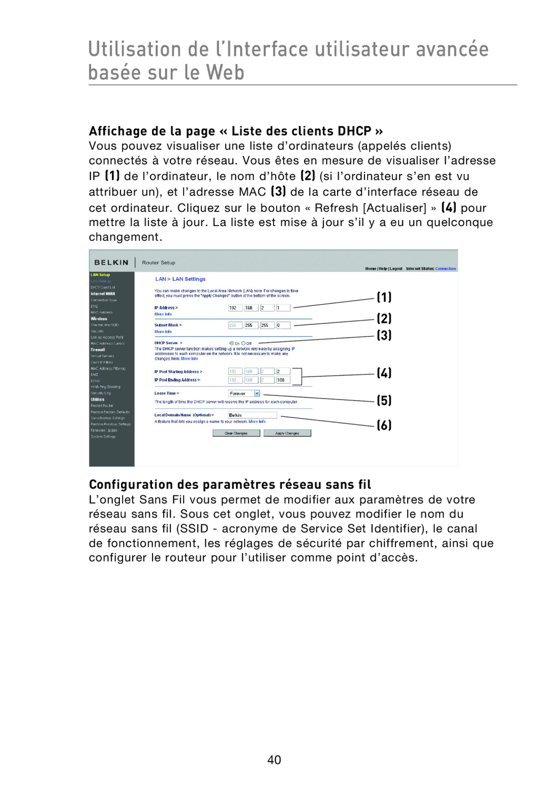 Belkin F5D8233EA4 user manual Affichage de la page « Liste des clients Dhcp », Configuration des paramètres réseau sans fil 