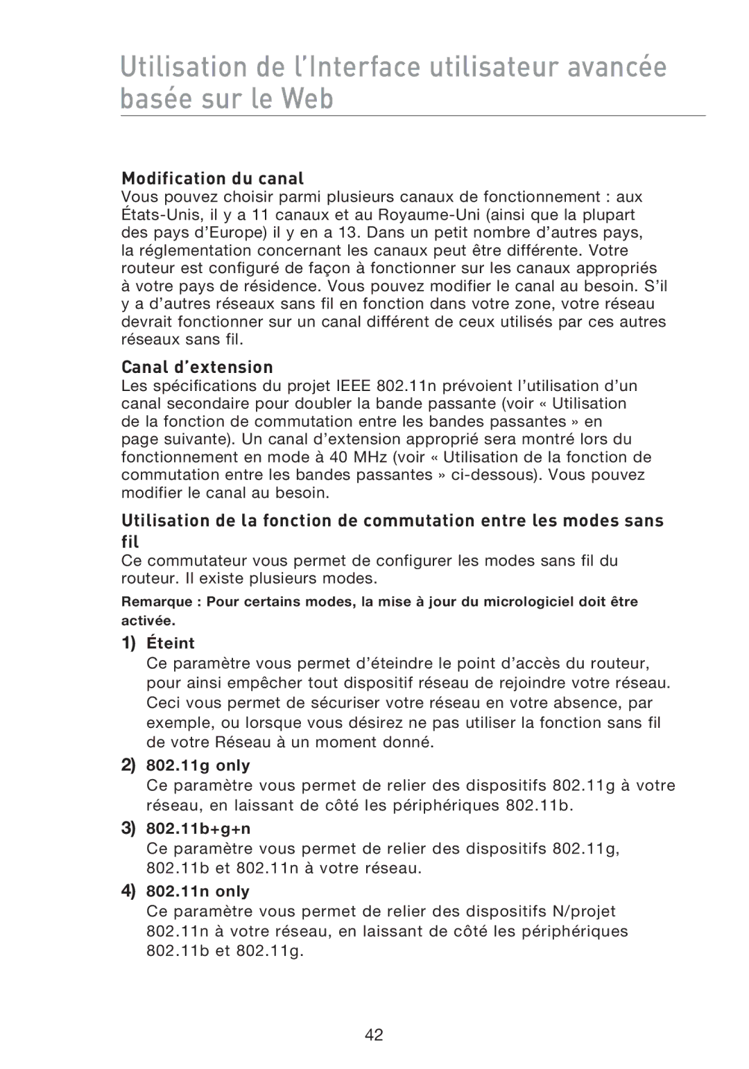 Belkin F5D8233EA4 user manual Modification du canal, Canal d’extension, Éteint 