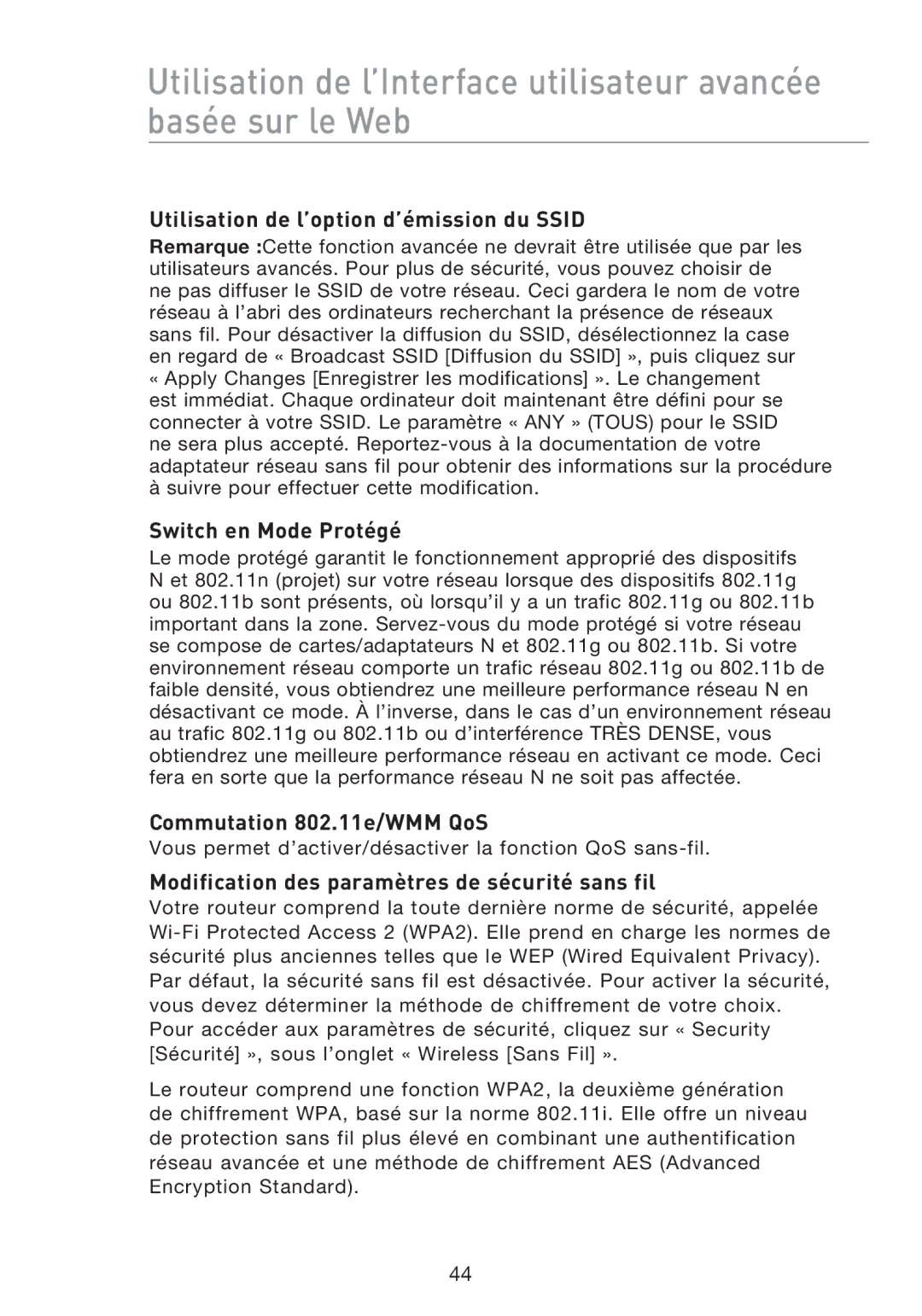 Belkin F5D8233EA4 Utilisation de l’option d’émission du Ssid, Switch en Mode Protégé, Commutation 802.11e/WMM QoS 