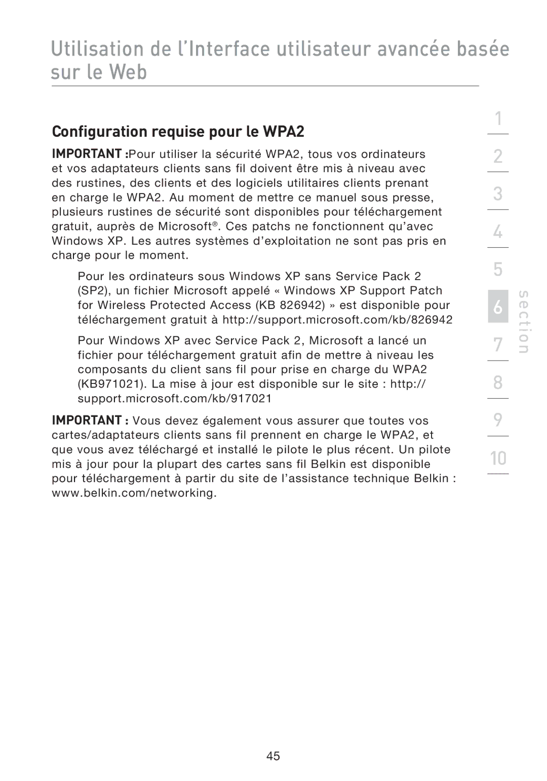 Belkin F5D8233EA4 user manual Configuration requise pour le WPA2 