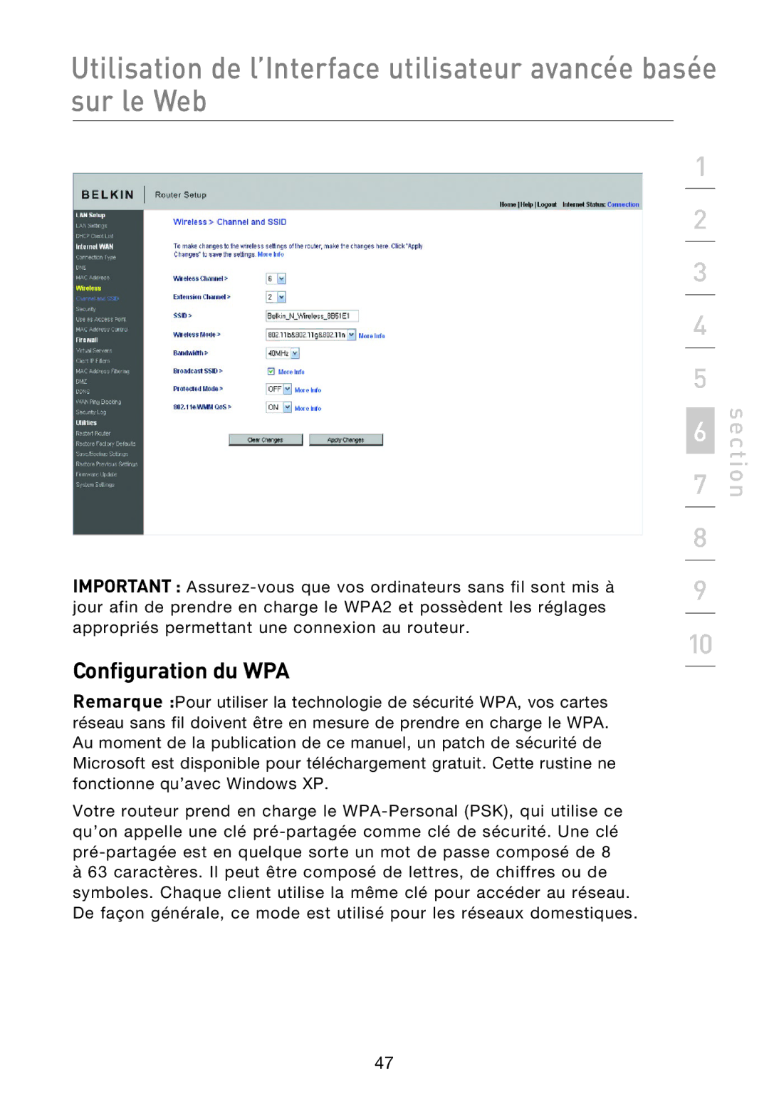 Belkin F5D8233EA4 user manual Configuration du WPA 