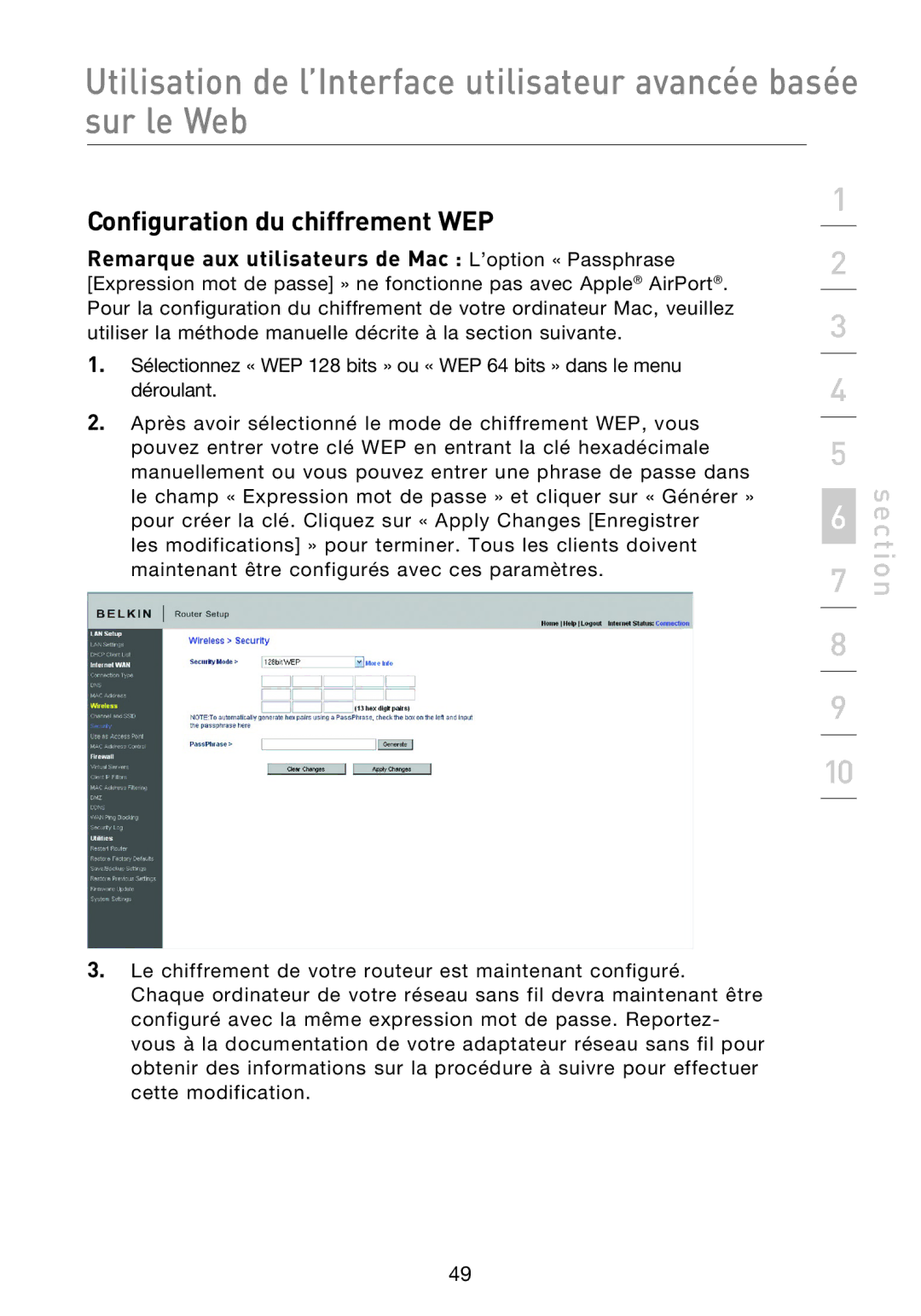 Belkin F5D8233EA4 user manual Configuration du chiffrement WEP 